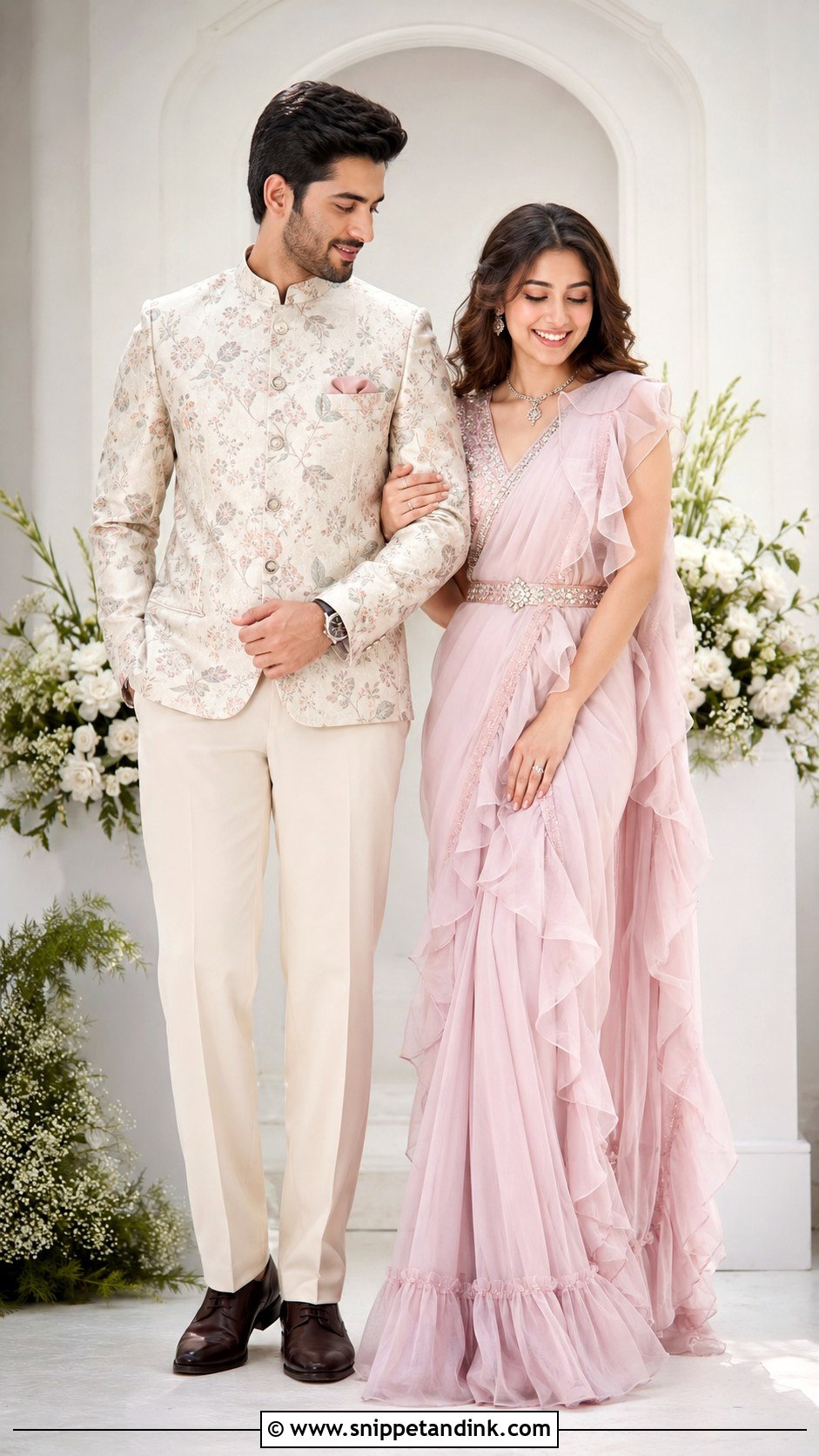 Ruffle Saree And Printed Bandhgala - Snippet and Ink - 25 Indian Couple Ring Ceremony Dress Ideas