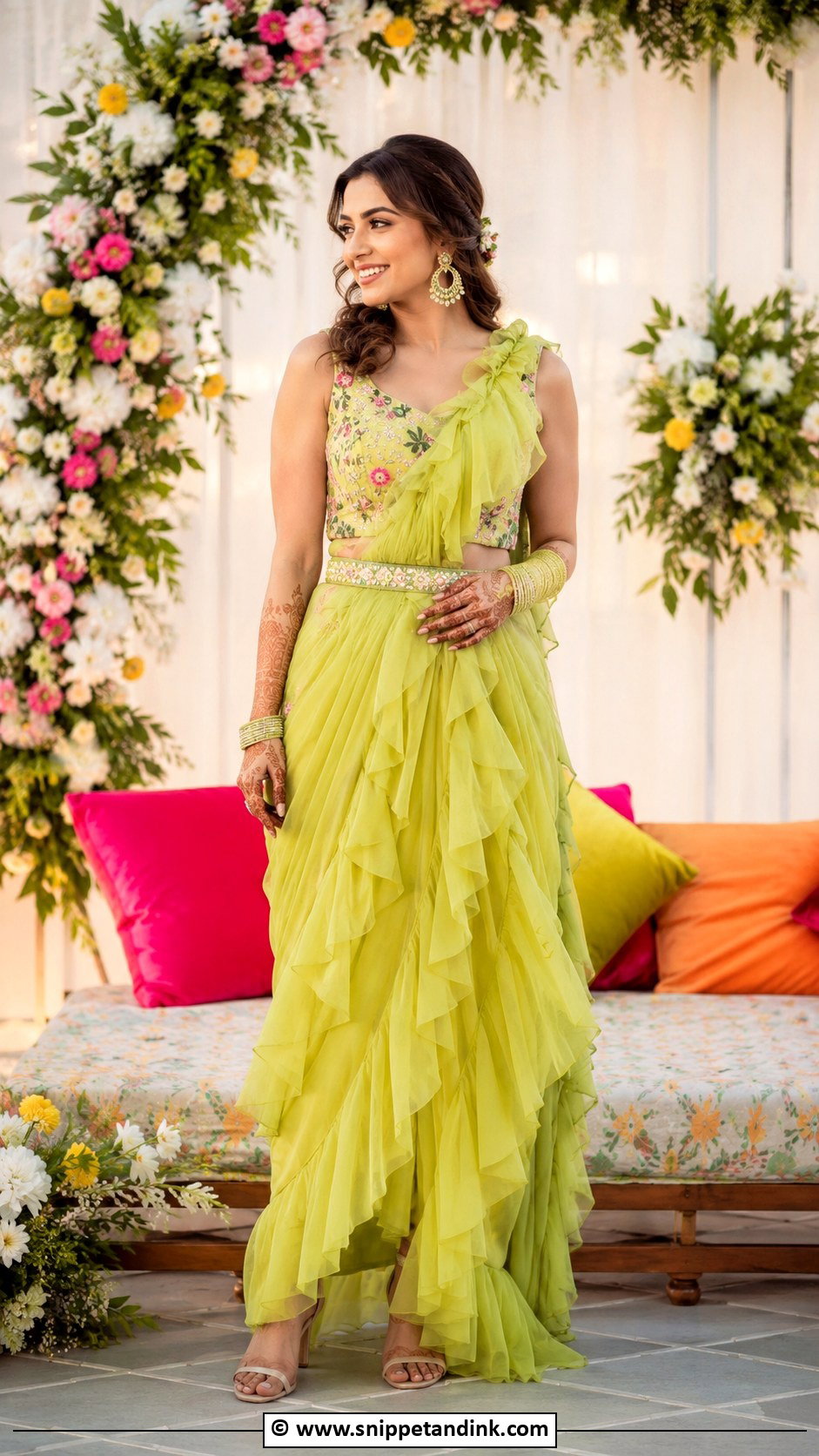 Ruffle Saree Bridal Mehndi Outfit - Snippet and Ink - 25 Indian Bridal Mehndi Outfit Ideas