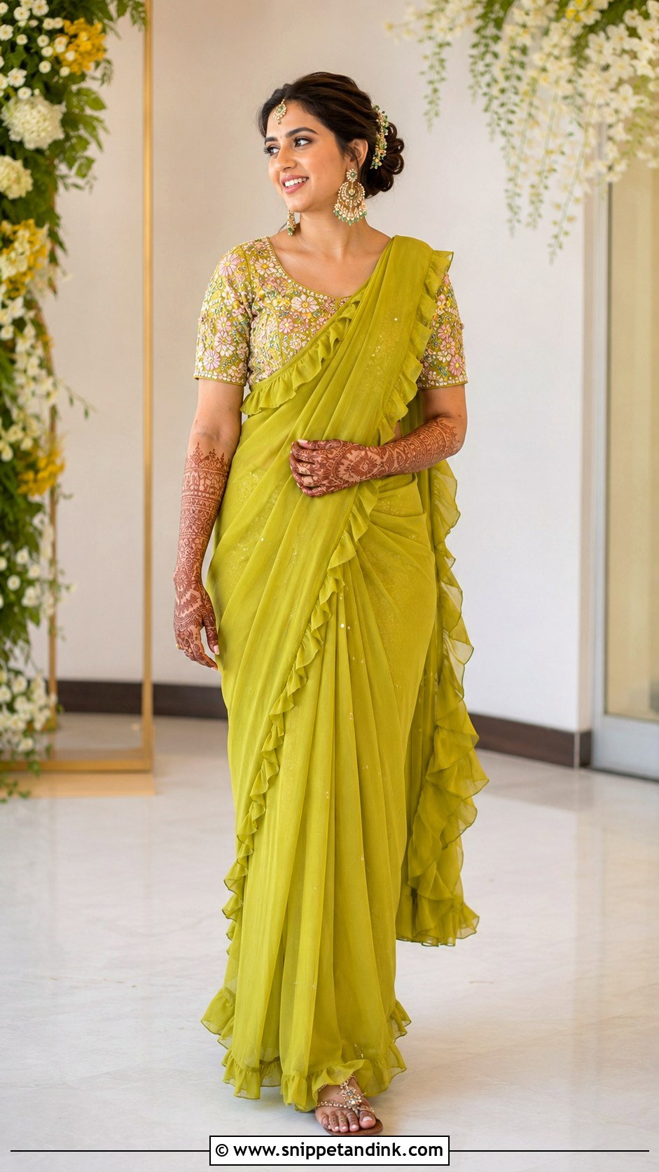 Ruffle Saree Bride Mehandi Outfit - Snippet and Ink - 20 Bride Mehandi Outfit Ideas