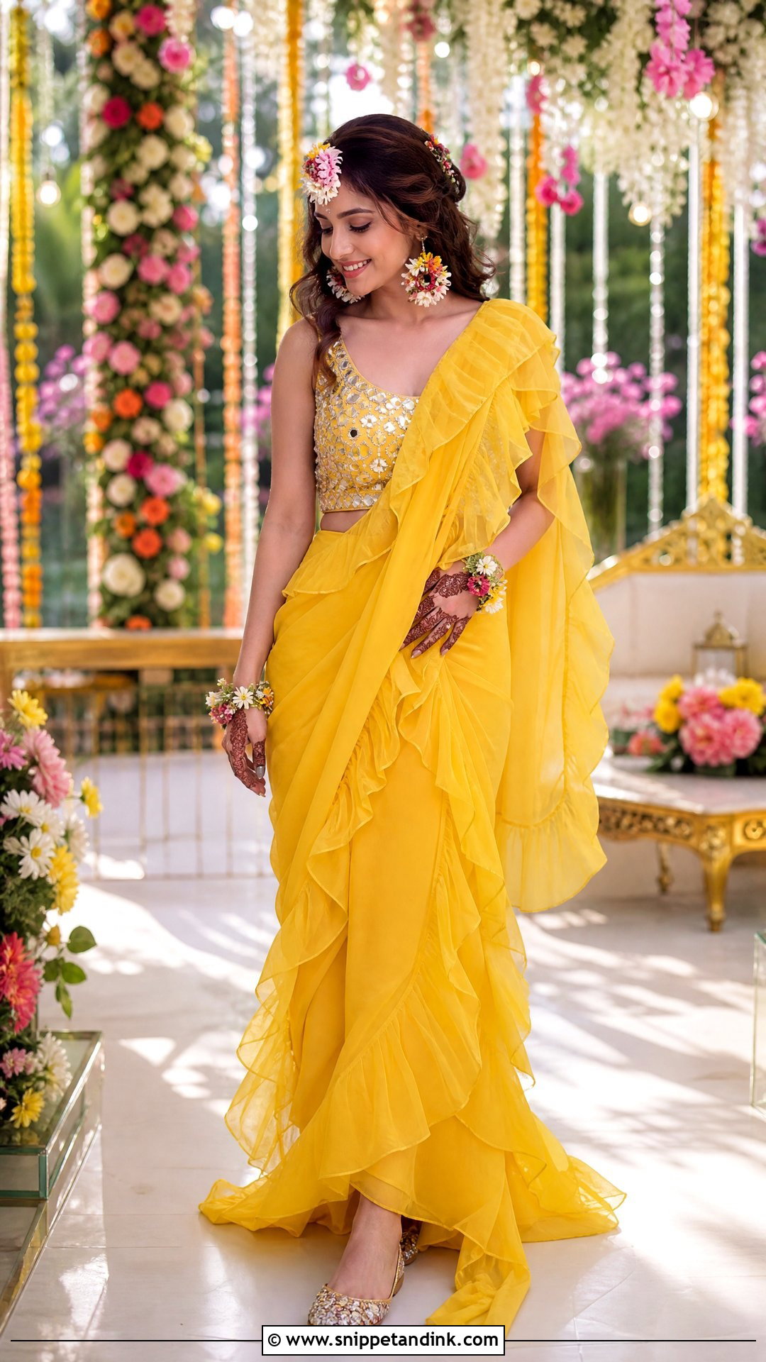 Ruffle Saree For Mehendi Bride - Snippet and Ink - 25 Simple Mehendi Outfits for Bride
