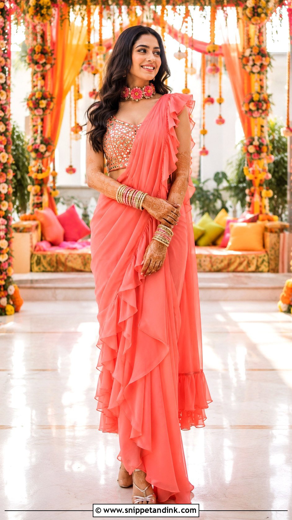 Ruffle Saree Mehendi Outfit For Bride - Snippet and Ink - 30 Unique Mehendi Outfits for Bride