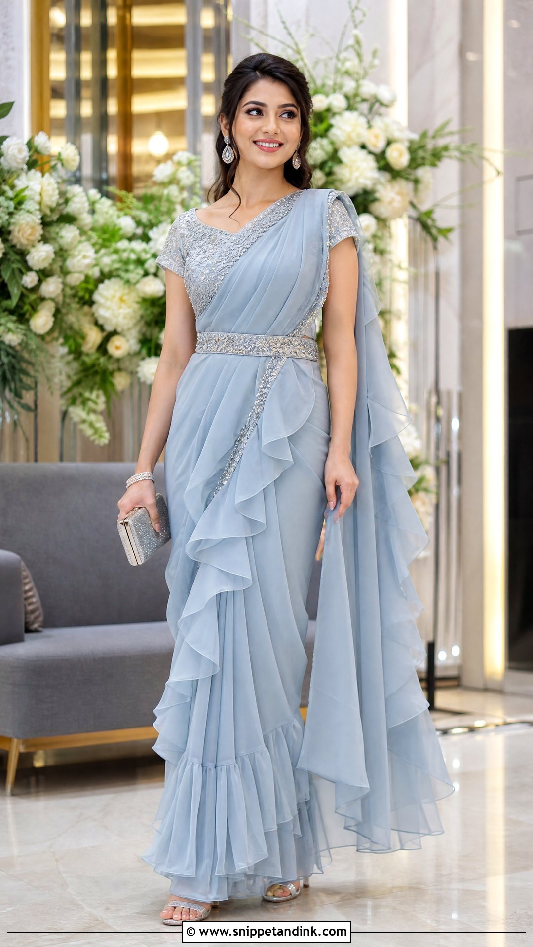Ruffle Saree Ring Ceremony Outfit - Snippet and Ink - 20 Ring Ceremony Outfit for Bride Ideas