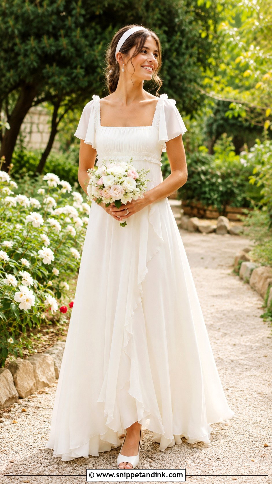 Ruffle Trim Empire Wedding Dress - Snippet and Ink - 20 Bridgerton Inspired Wedding Dresses