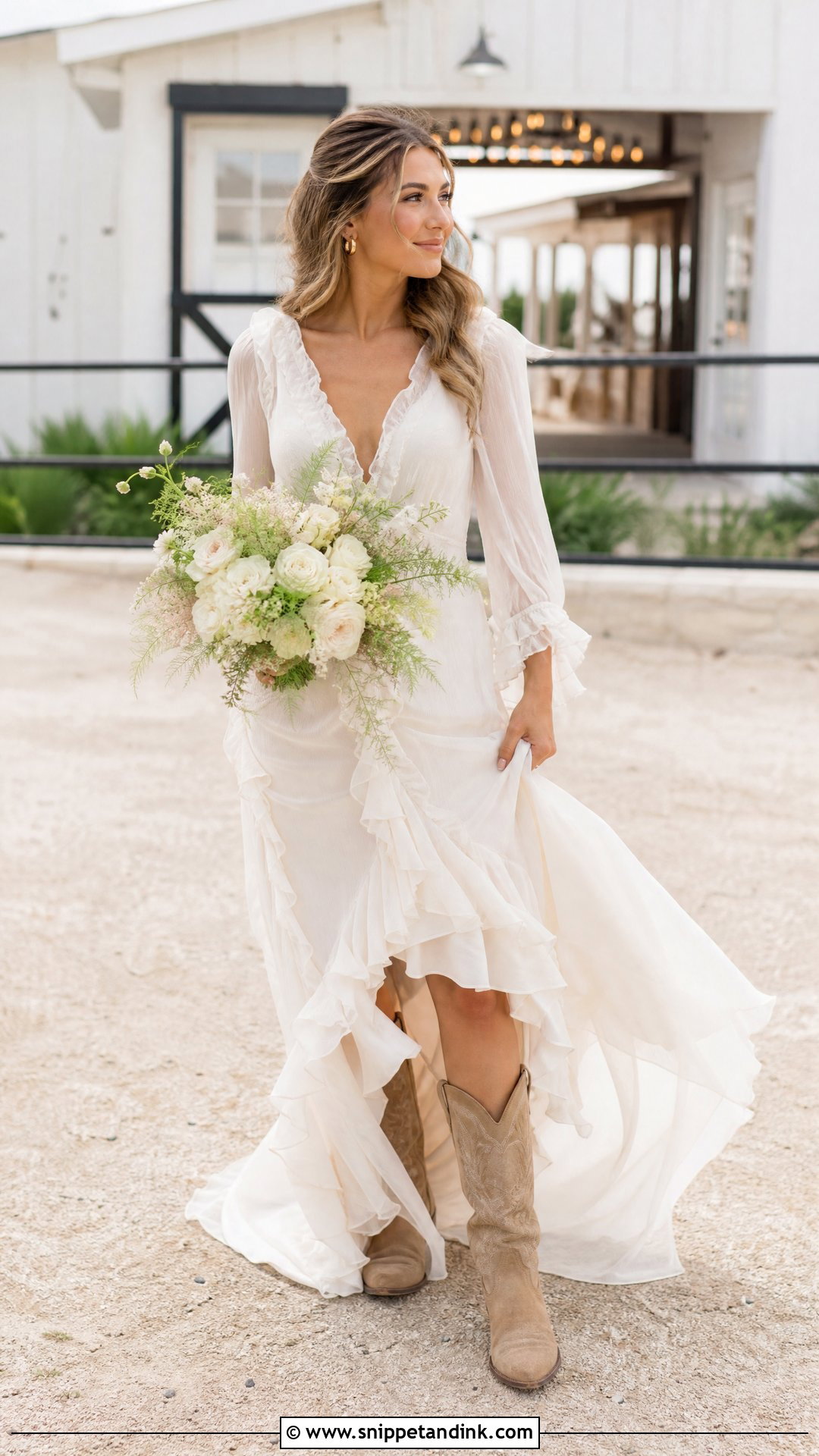 Ruffle Wedding Dress With Tan Suede Cowboy Boots - Snippet and Ink - 20 Wedding Dress and Cowboy Boots Ideas