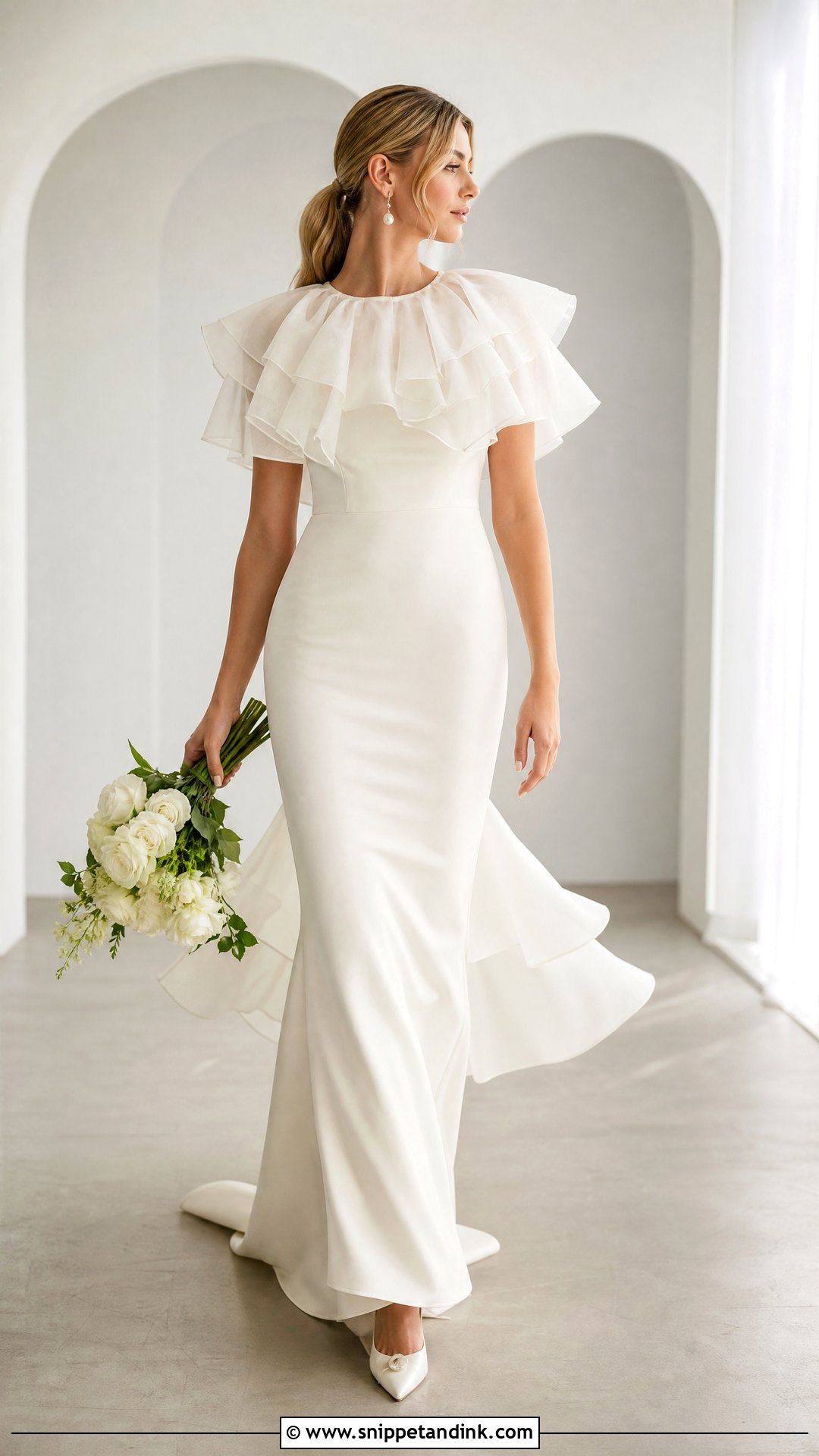 Ruffled Capelet With Fit and Flare Wedding Dress - Snippet and Ink - 20 Wedding Dress Capelet Ideas