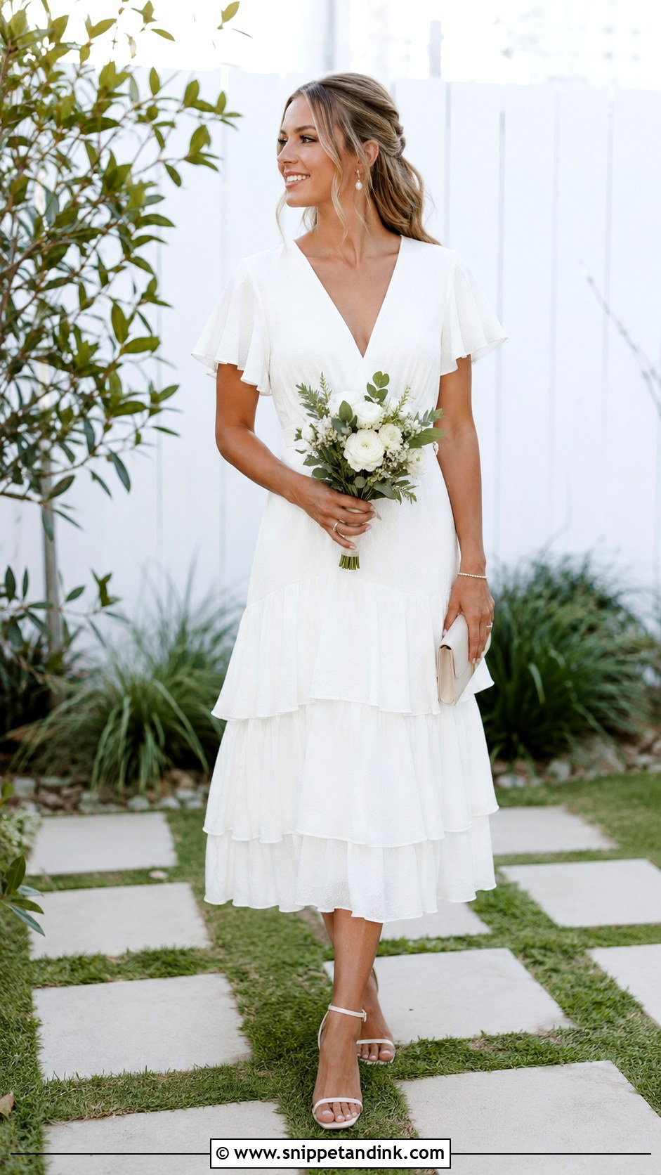 Ruffled Midi Bridal Dress With Minimal Sandals - Snippet and Ink - 20 Casual Bridal Dress Ideas