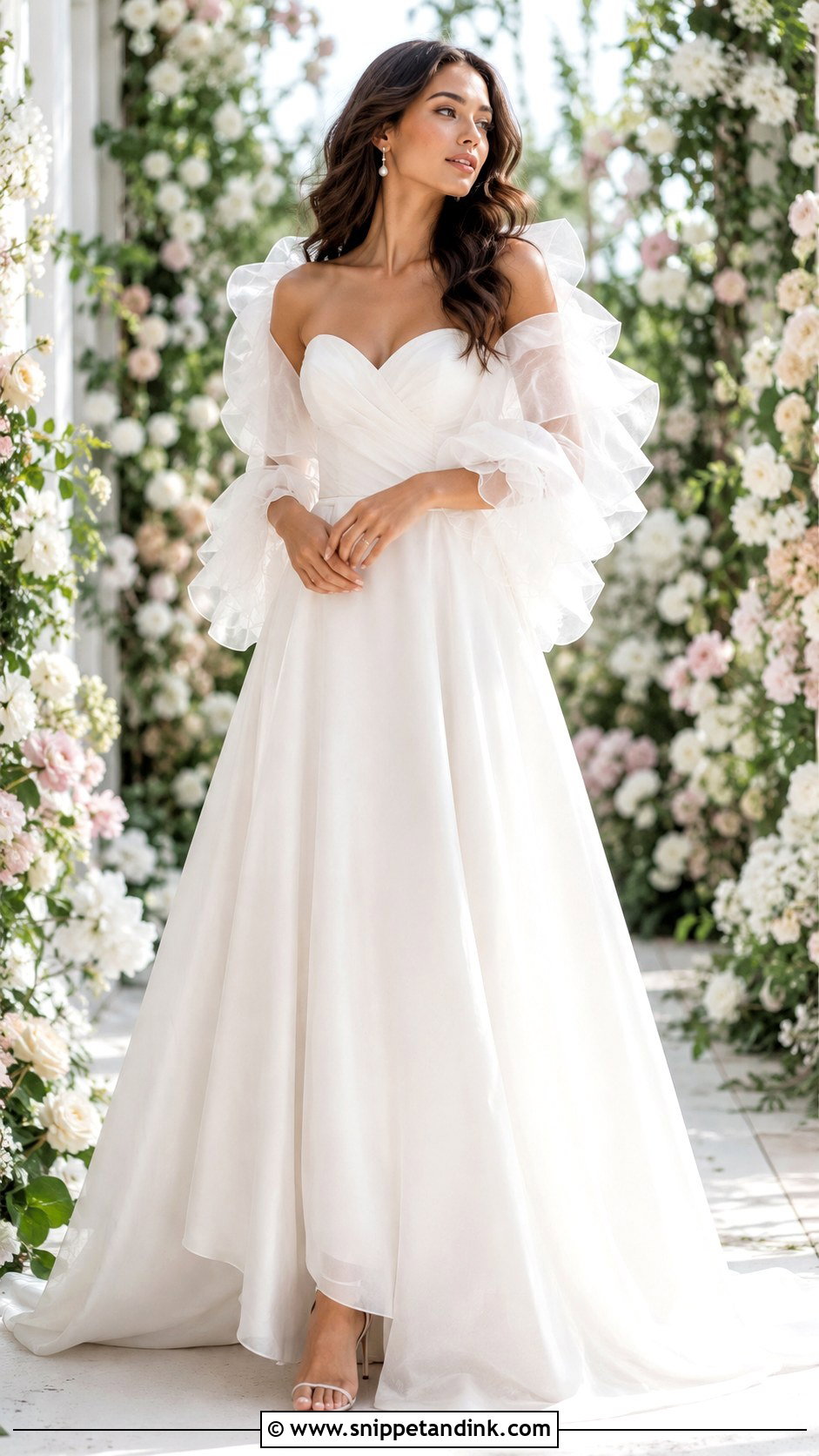 Ruffled Shoulder Wrap With Romantic Wedding Dress - Snippet and Ink - 25 Wedding Dress Coverup Ideas
