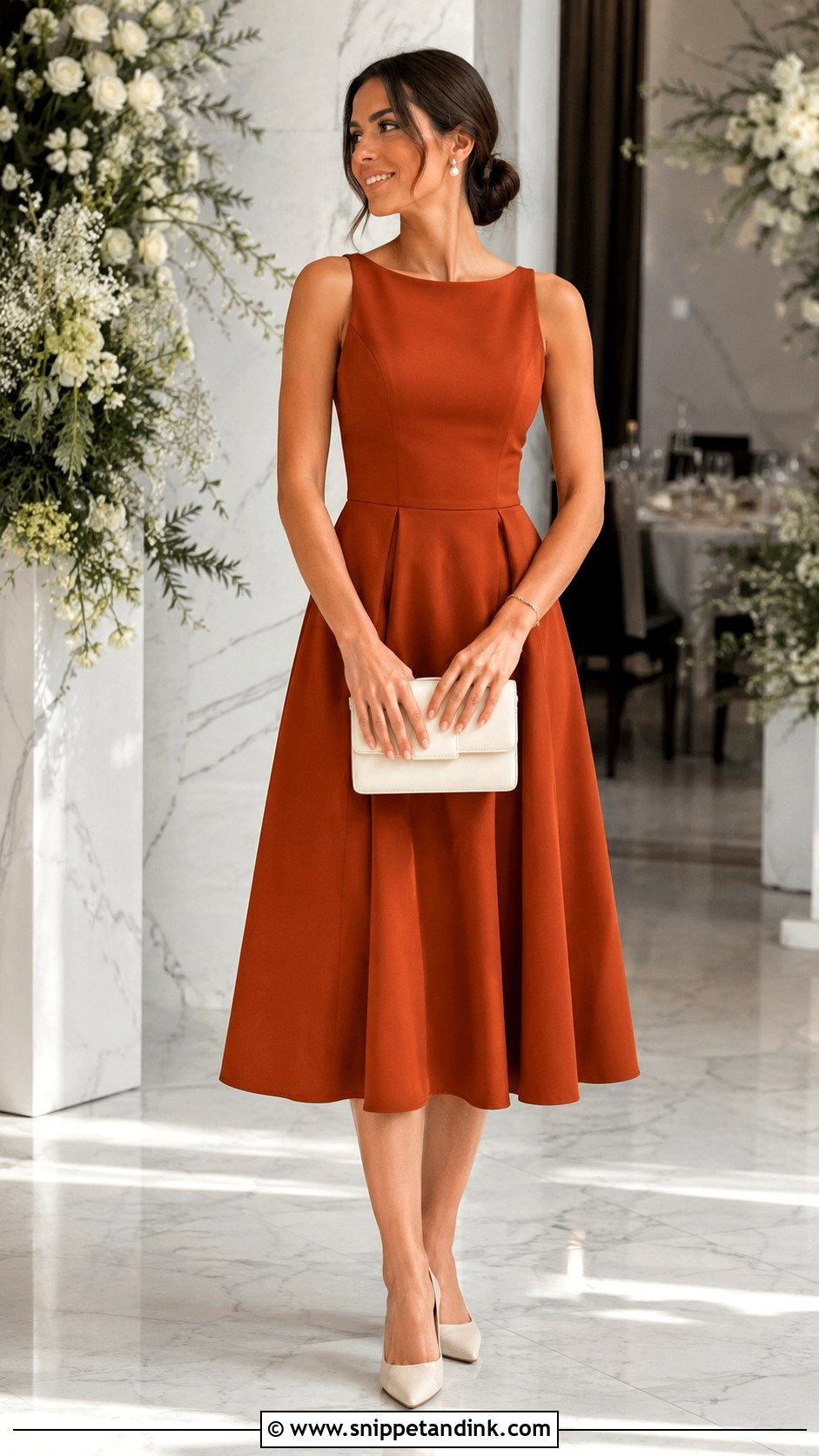 Rust A Line Midi Dress With Pearl Accessories - Snippet and Ink - 20 Rust Dress Outfit Wedding Ideas