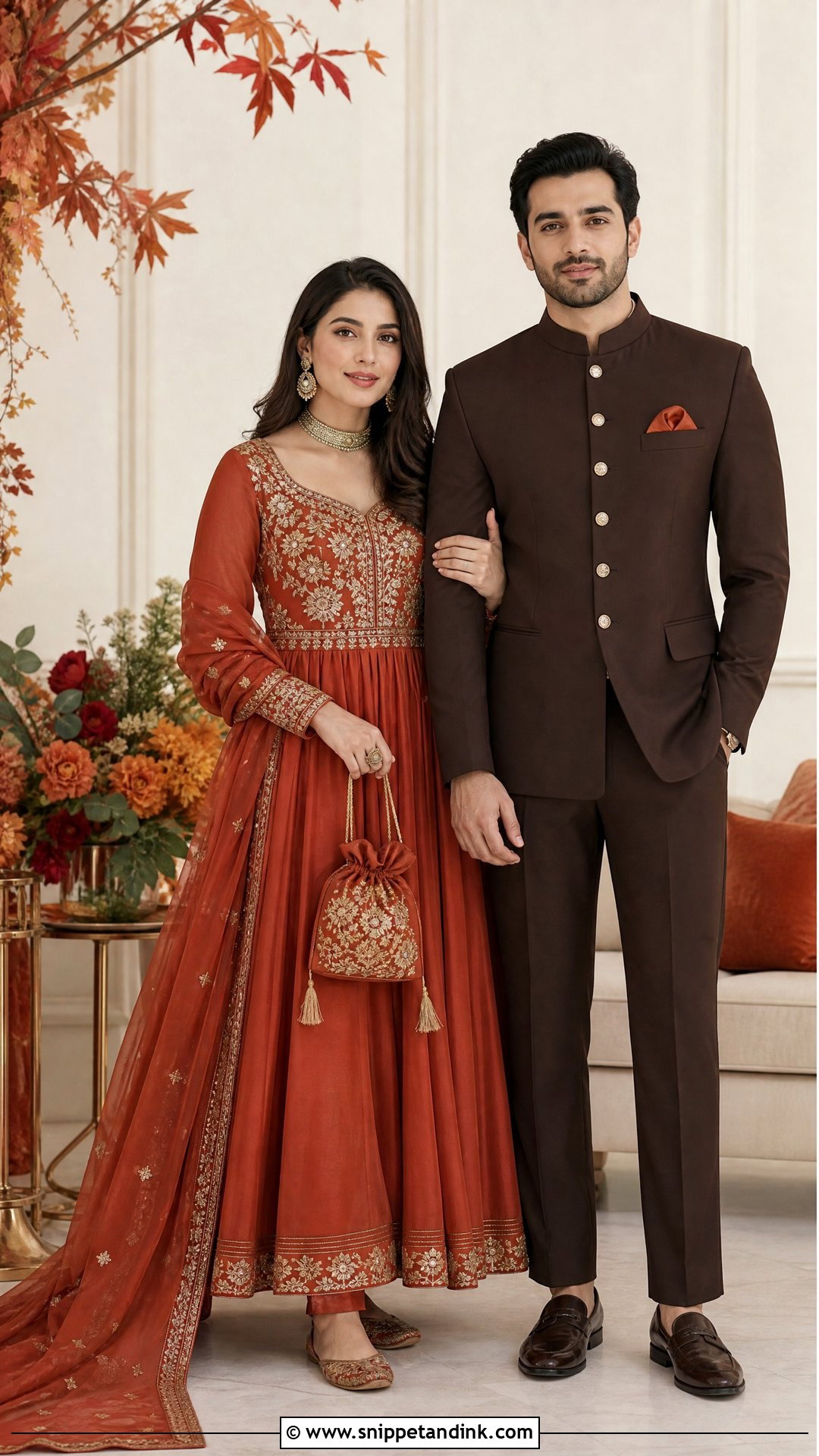Rust Anarkali And Brown Bandhgala - Snippet and Ink - 20 Ring Ceremony Couple Dress Ideas