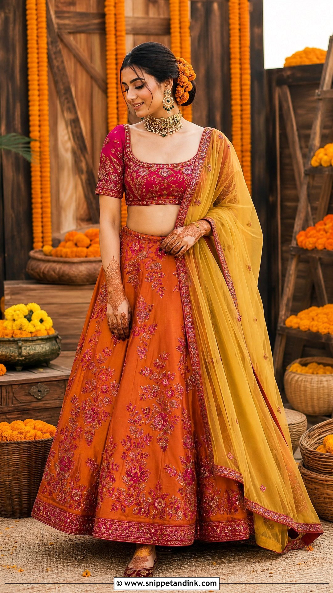 Rust And Magenta Mehndi Bridal Lehenga - Snippet and Ink - 25 Mehndi Bridal Dress Ideas
