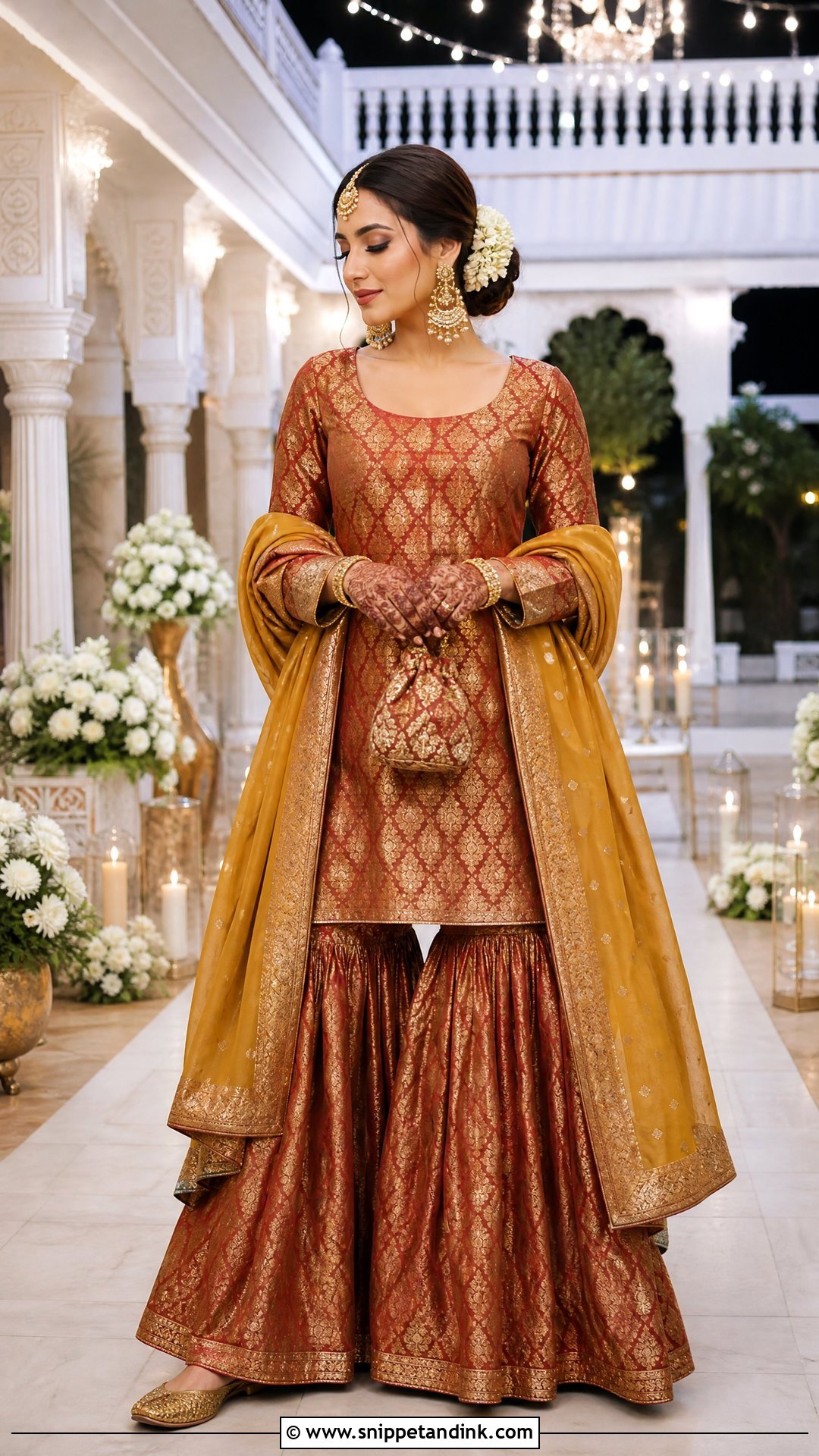 Rust Banarasi Sharara Bridal Mehndi Outfit - Snippet and Ink - 20 Simple Bridal Mehndi Outfit Ideas