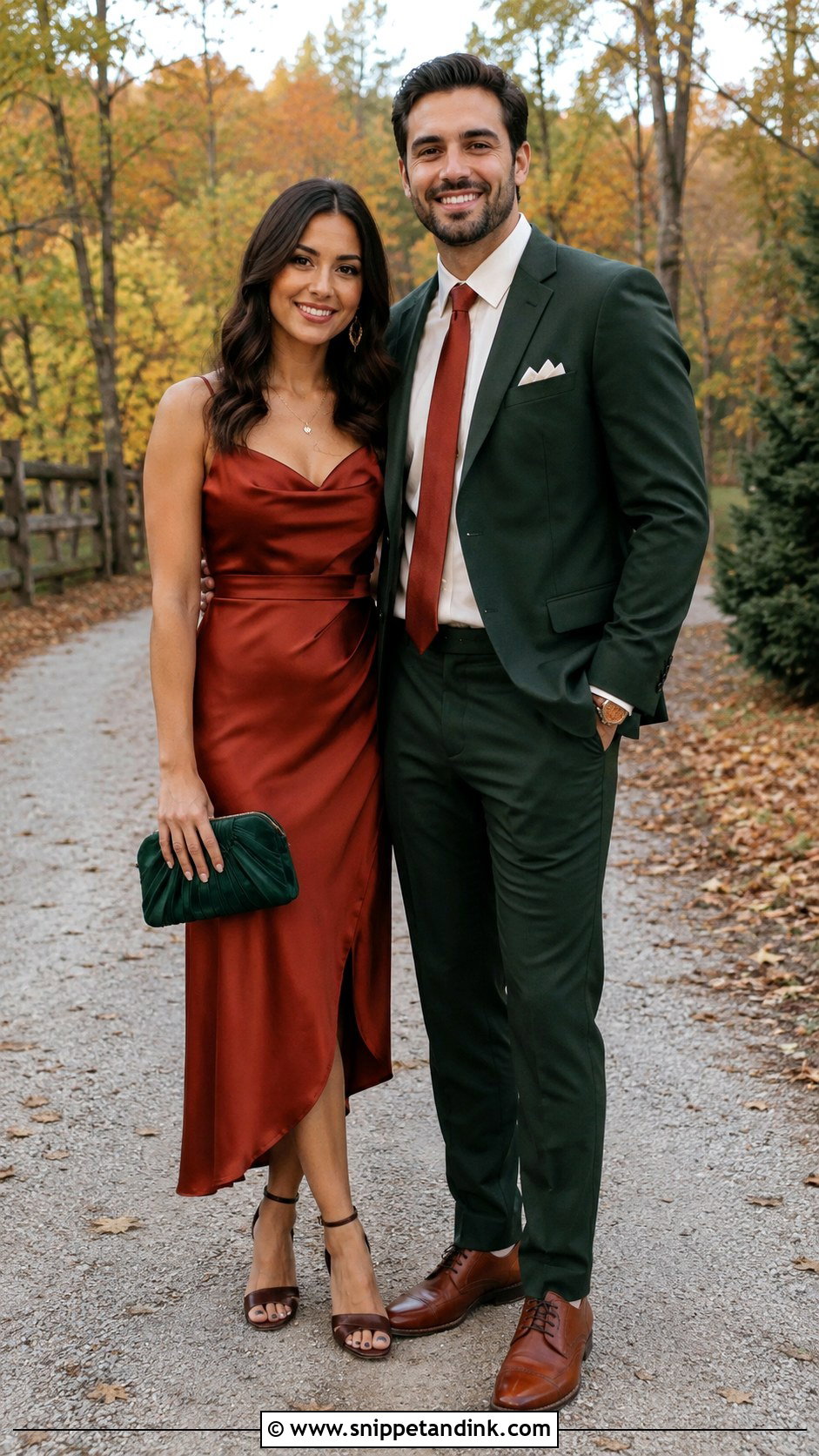 Rust Dress and Forest Green Suit Wedding Couple Outfit - Snippet and Ink - 20 Matching Couple Outfits for Wedding