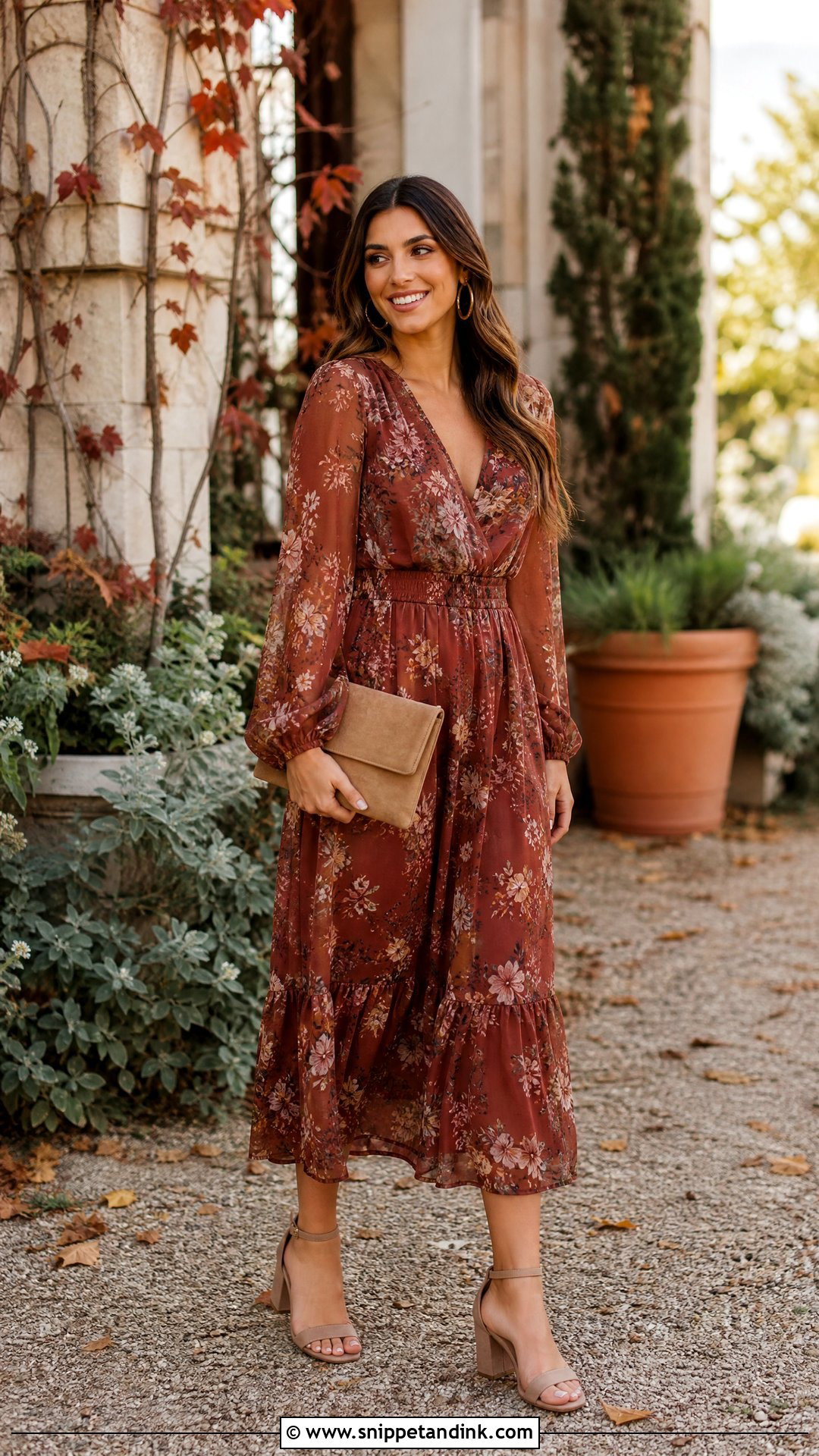 Rust Floral Midi Dress - Snippet and Ink - 25 Fall Dresses to Wear to a Wedding