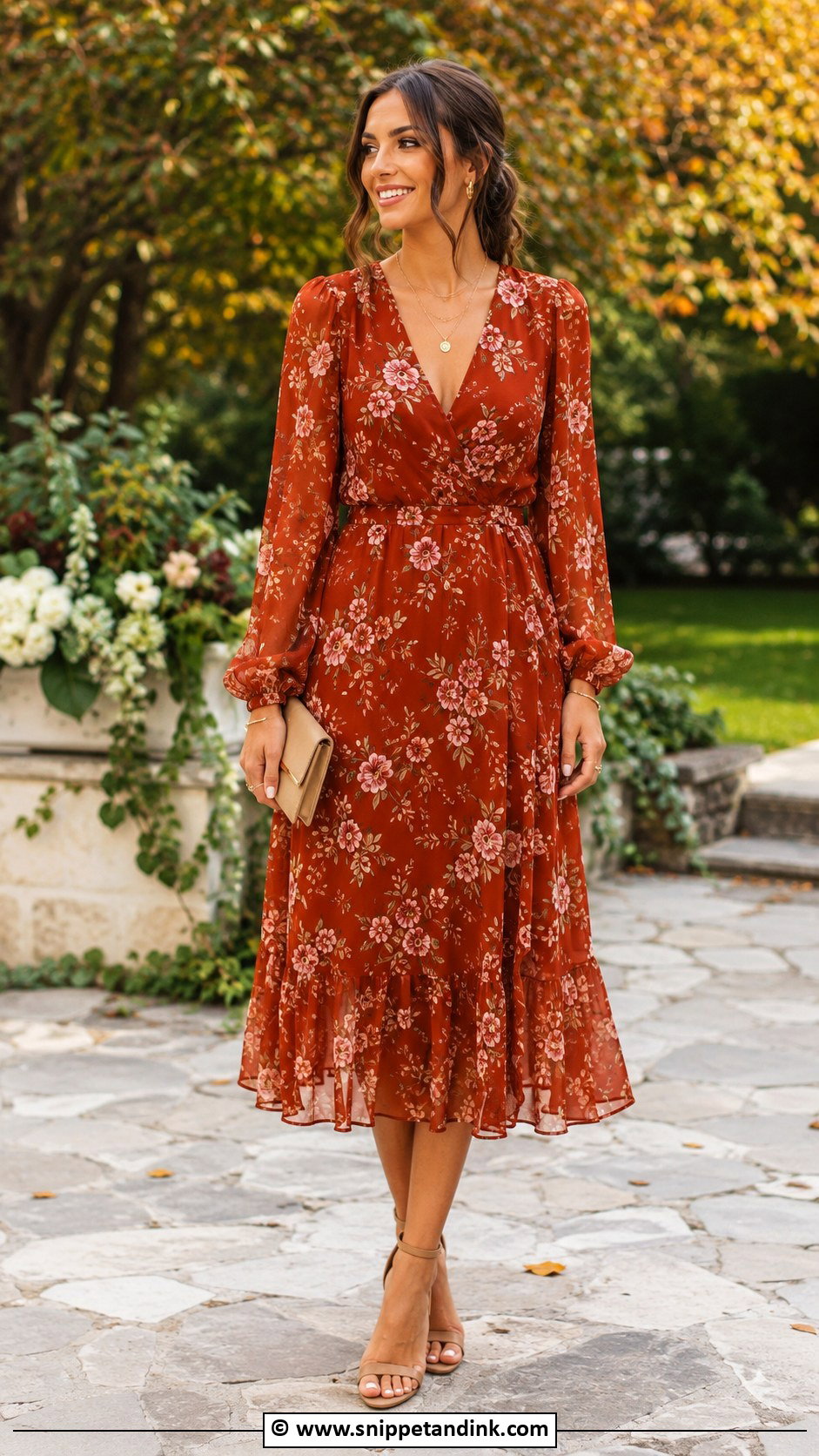 Rust Floral Midi Dress Outfit - Snippet and Ink - 30 Autumn Wedding Dress Ideas
