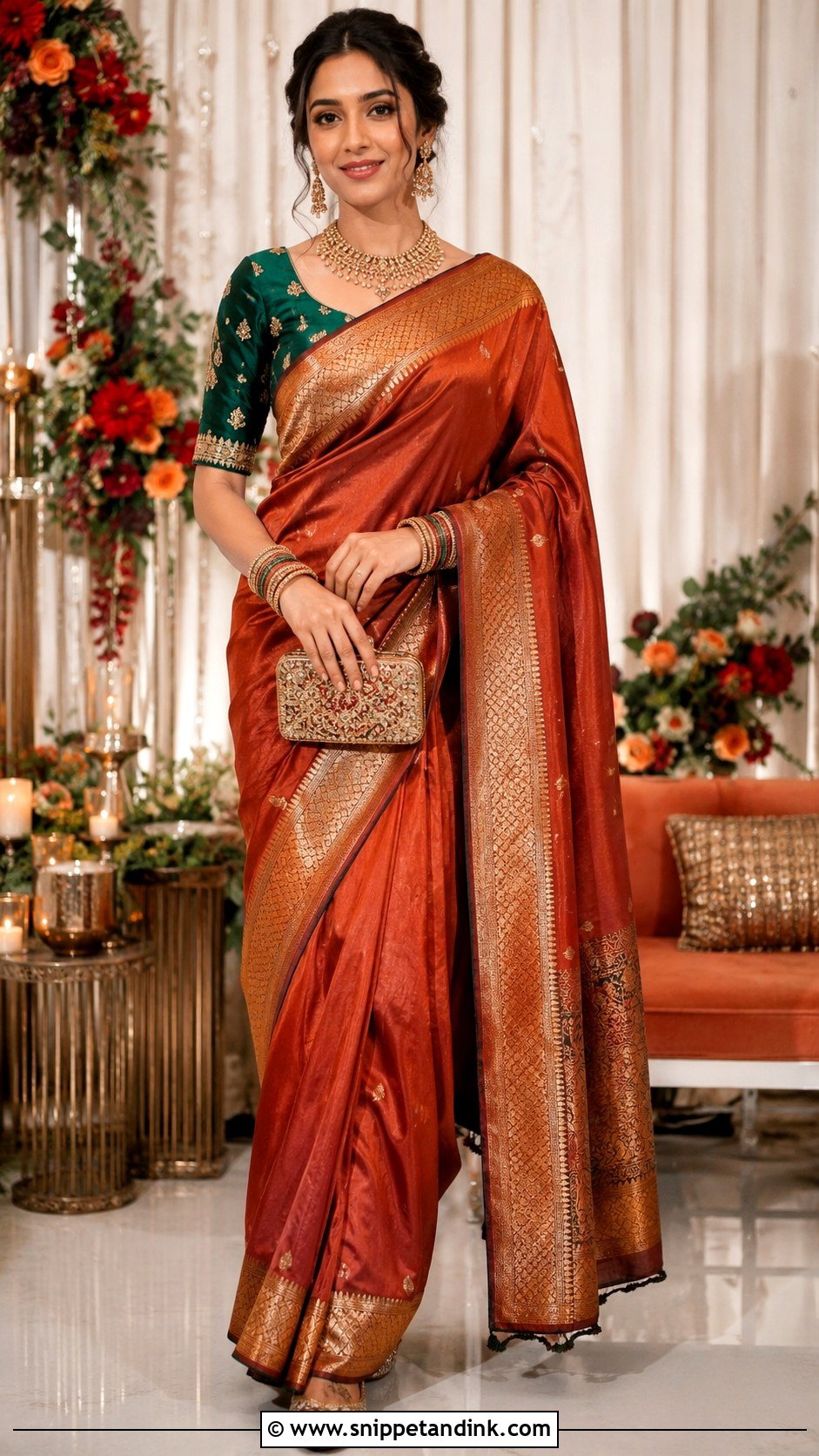 Rust Heavy Silk Saree With Antique Gold Jewelry - Snippet and Ink - 20 Heavy Dress for Wedding Ideas