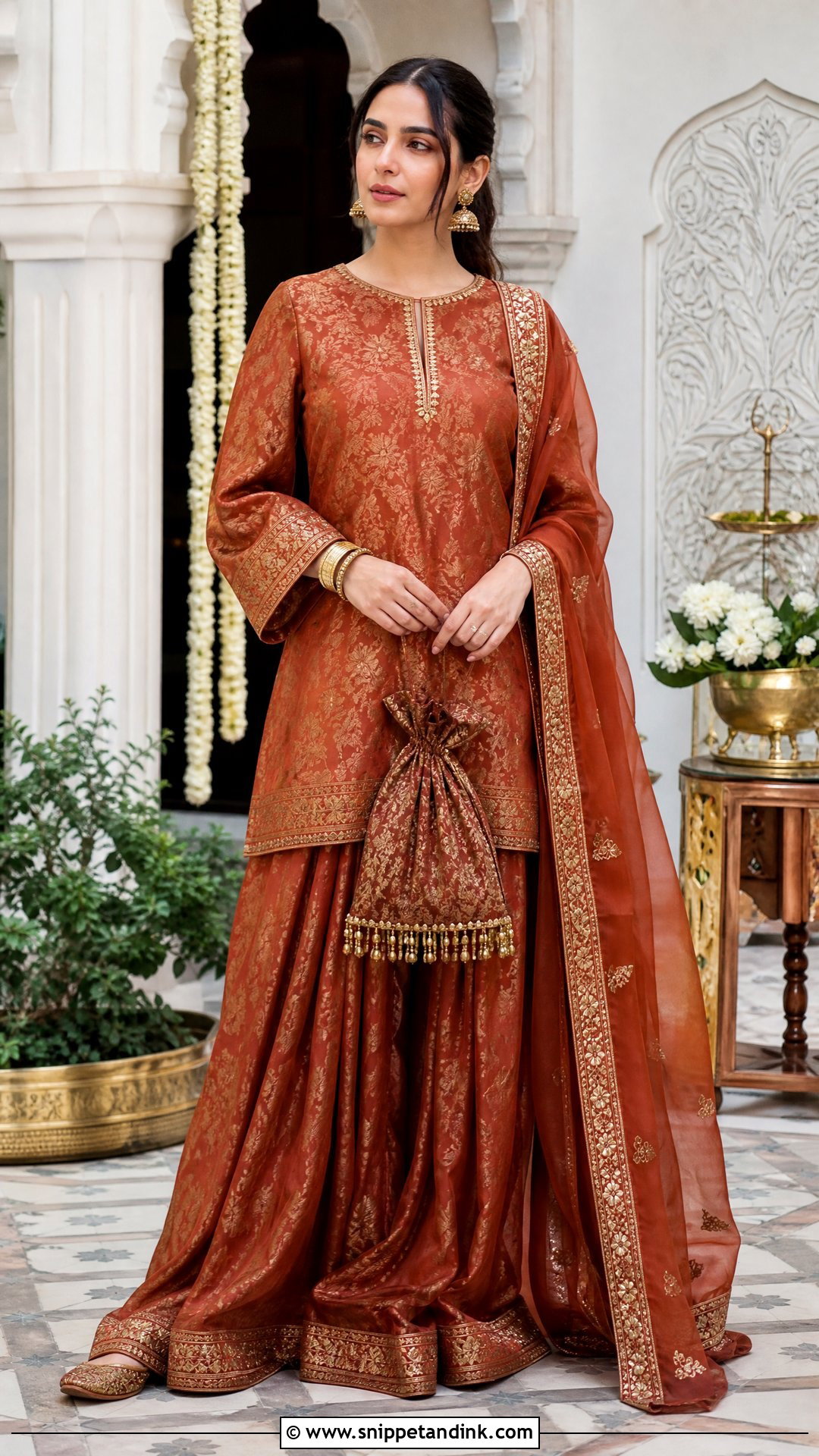 Rust Jamawar Shirt And Farshi Shalwar - Snippet and Ink - 20 Pakistani Function Dresses