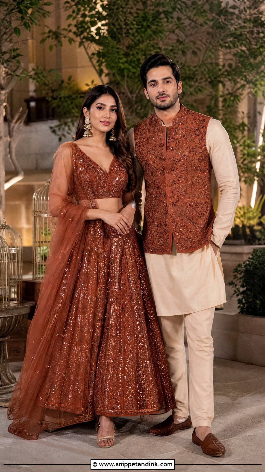 Rust Lehenga And Beige Jacket Kurta Sangeet Couple Outfit - Snippet and Ink - 25 Sangeet Couple Outfits