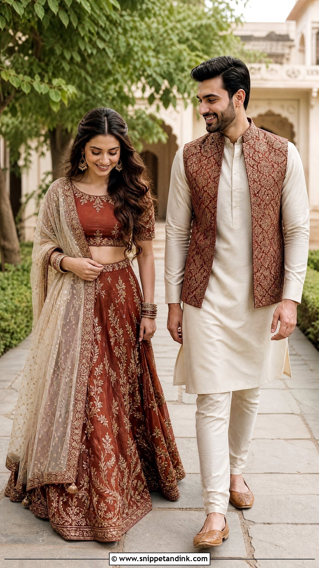 Rust Lehenga And Cream Kurta Sangeet Couple Outfit - Snippet and Ink - 20 Sangeet Outfit for Couple Ideas