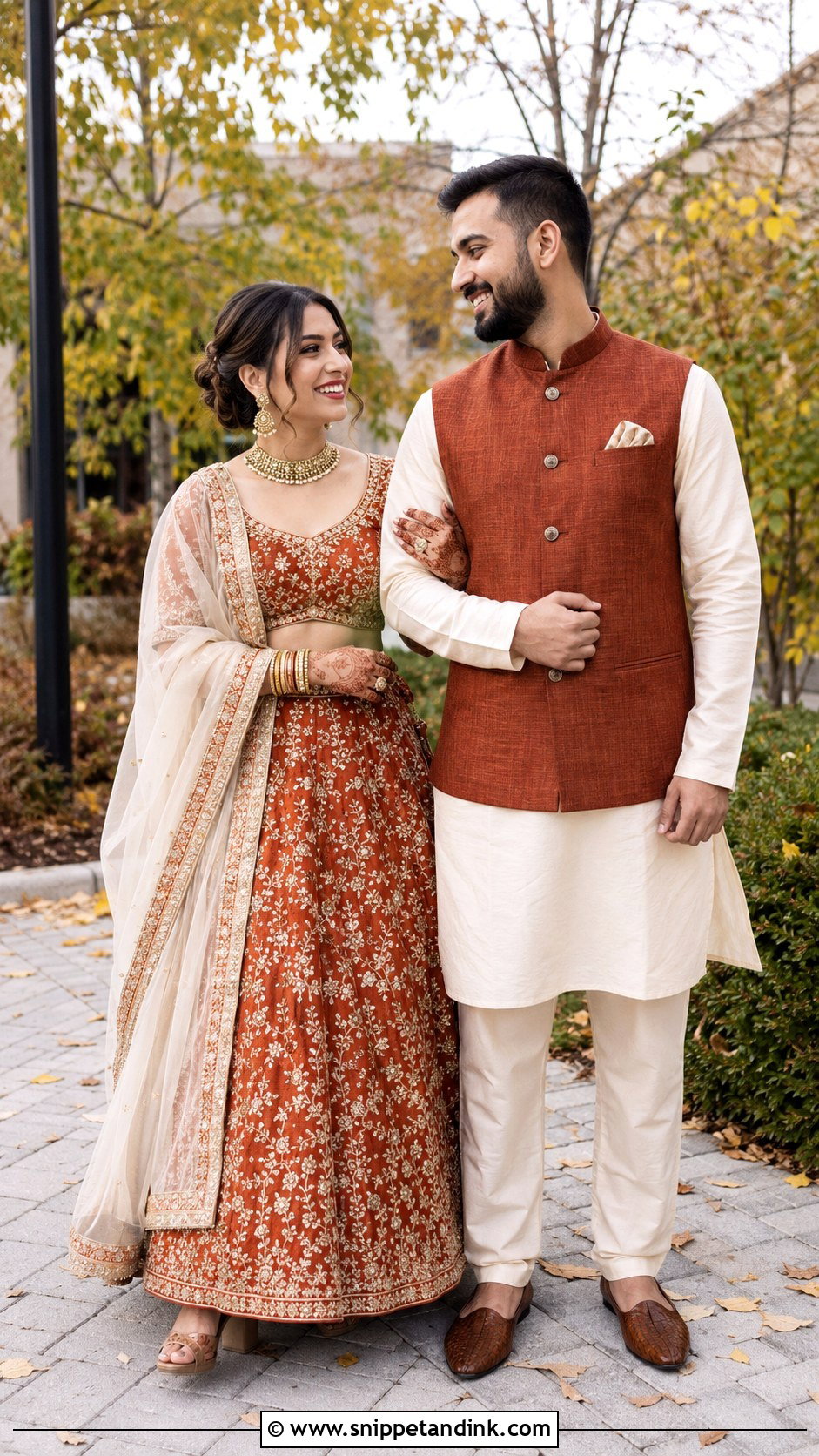 Rust Lehenga And Cream Kurta Set - Snippet and Ink - 20 Couple Matching Dress Indian Wedding Ideas