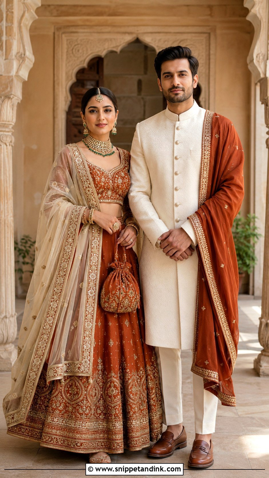 Rust Lehenga And Ivory Bandhgala Outfit - Snippet and Ink - 20 Indian Couple Wedding Outfit Ideas