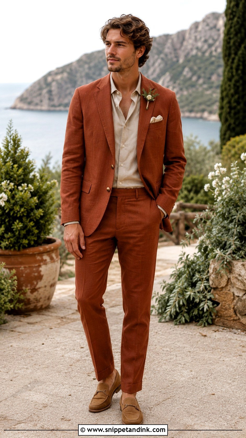 Rust Linen Wedding Suit With Beige Shirt - Snippet and Ink - 25 Linen Wedding Suit Ideas