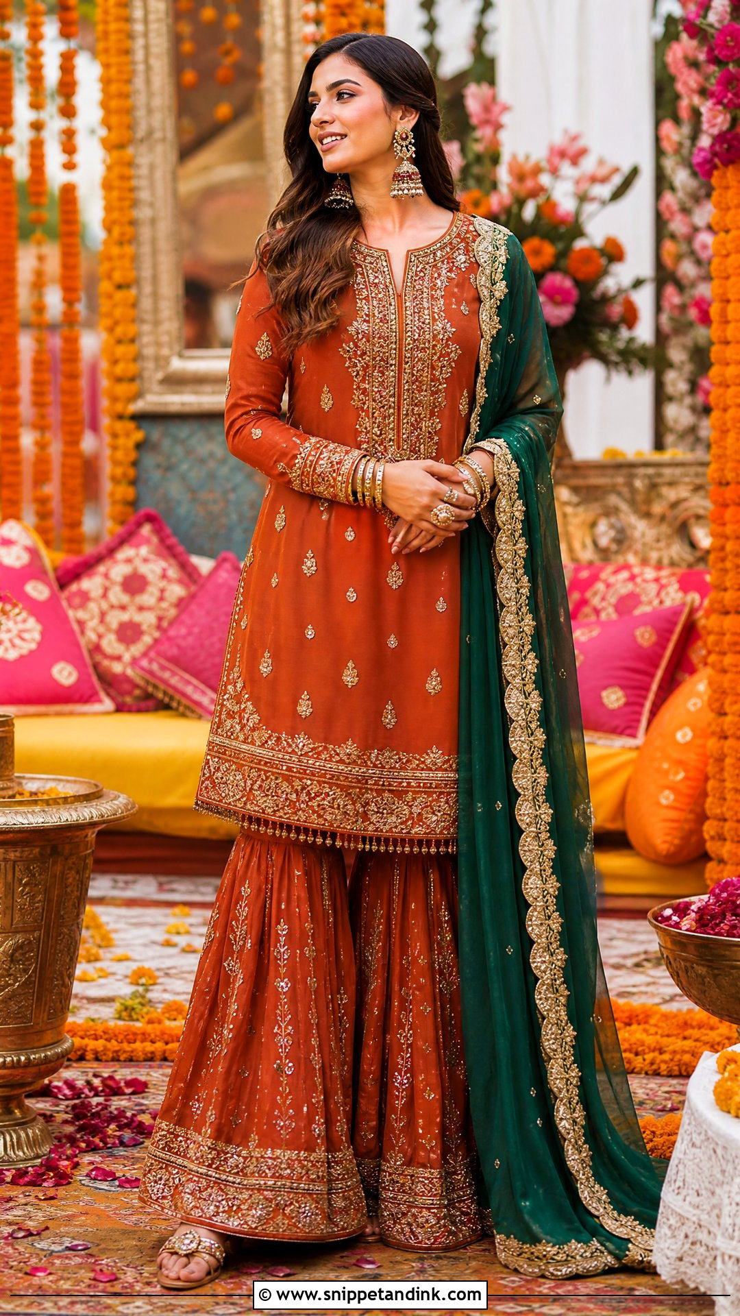 Rust Long Shirt With Gharara - Snippet and Ink - 25 Pakistani Long Shirt Wedding Dress Ideas