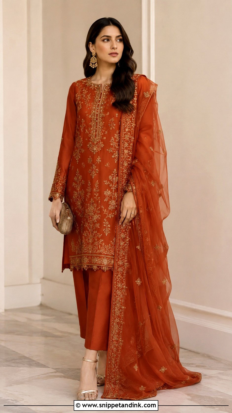 Rust Long Shirt With Trousers Outfit - Snippet and Ink - 30 Pakistani Wedding Outfits Sisters