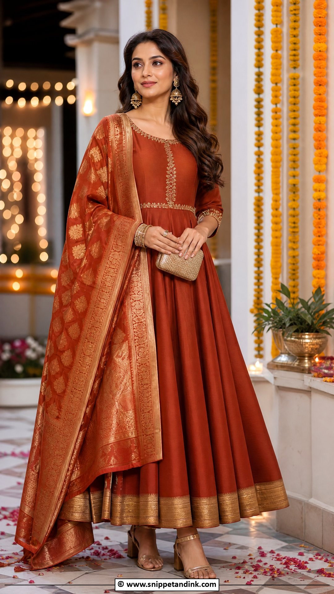 Rust Mehndi Anarkali With Banarasi Dupatta - Snippet and Ink - 35 Mehndi Dresses