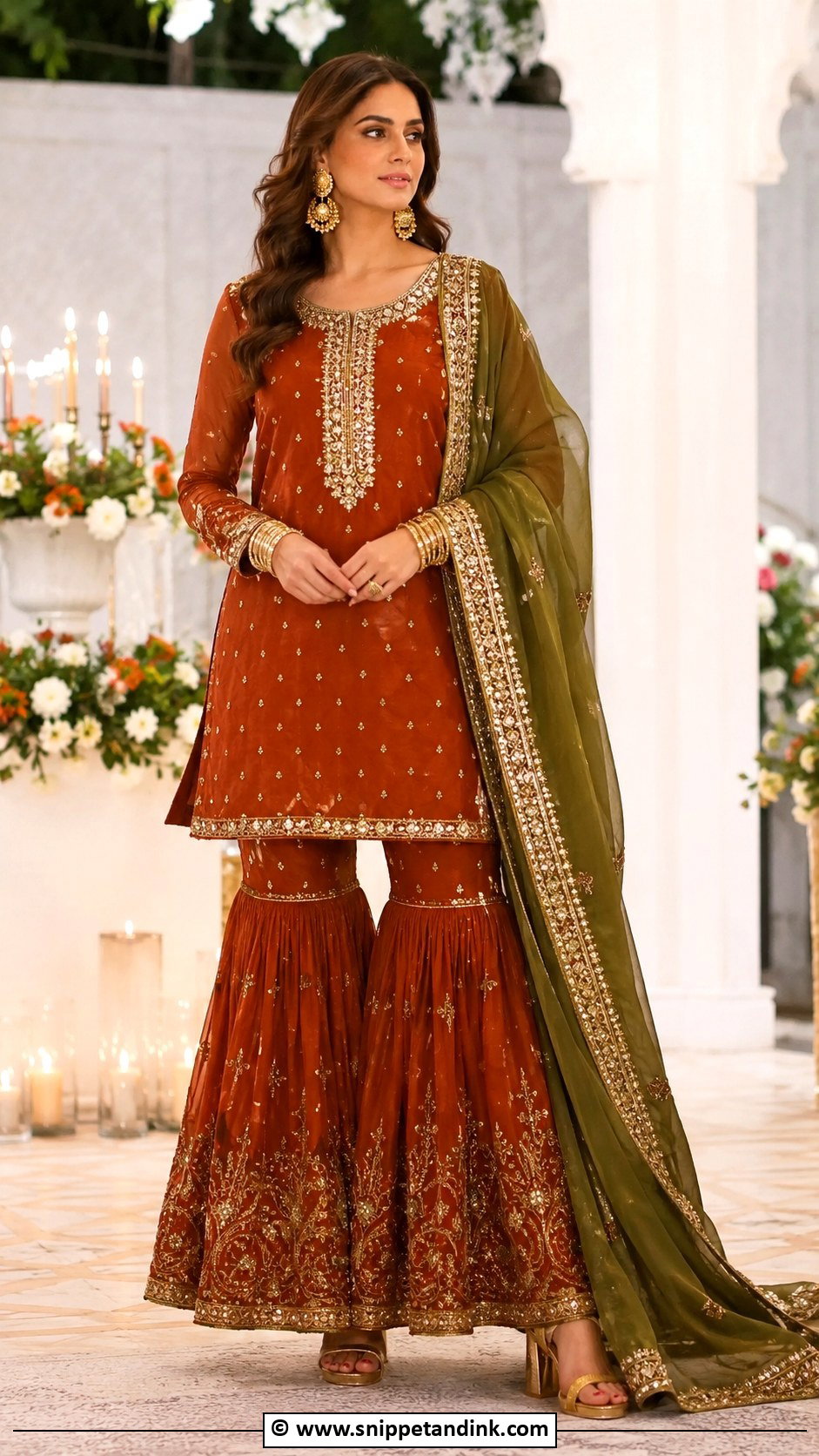 Rust Mehndi Gharara Dress - Snippet and Ink - 30 Pakistani Mehndi Dresses