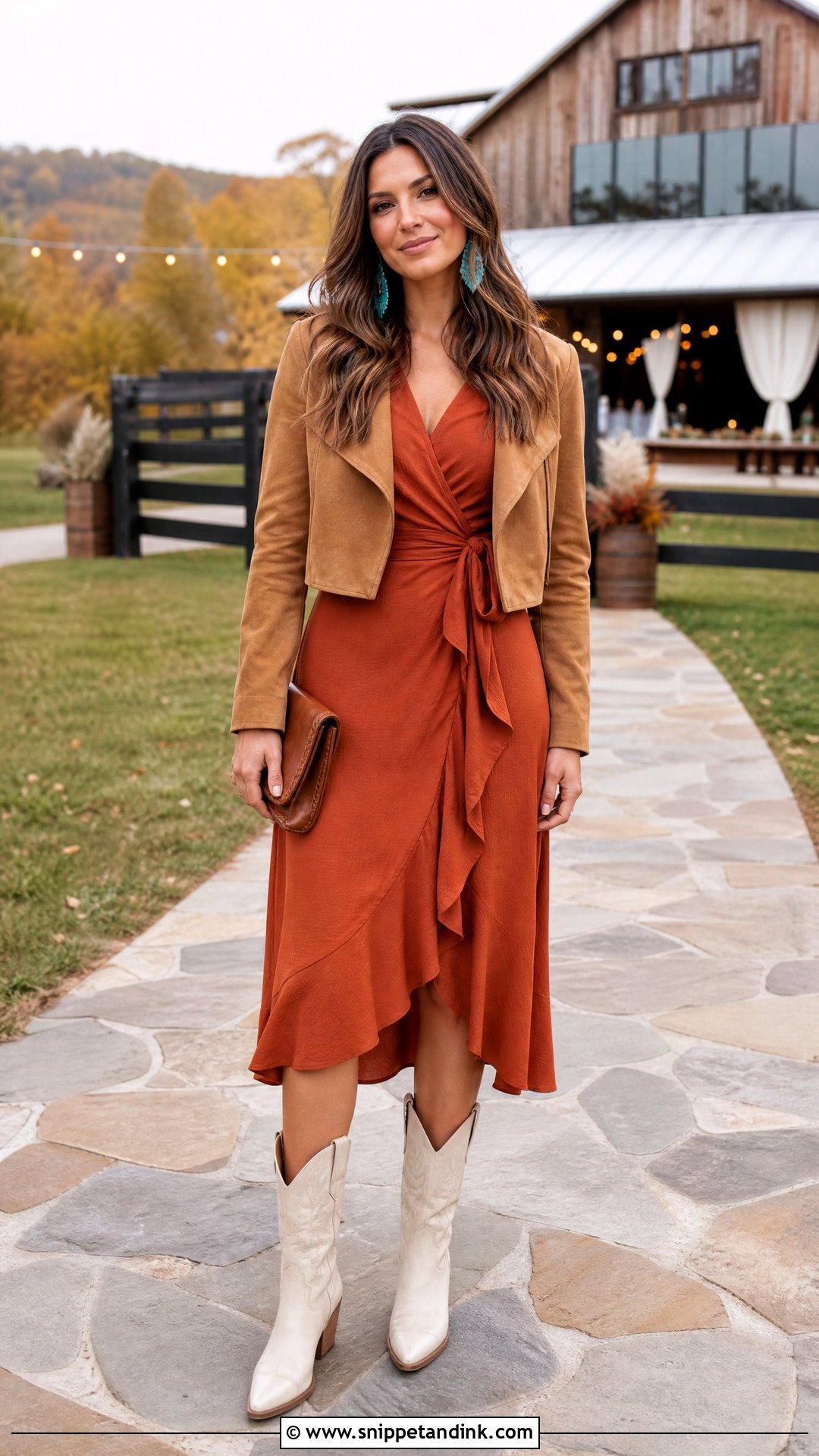 Rust Midi Dress Western Wedding Outfit - Snippet and Ink - 20 Wedding Western Outfits