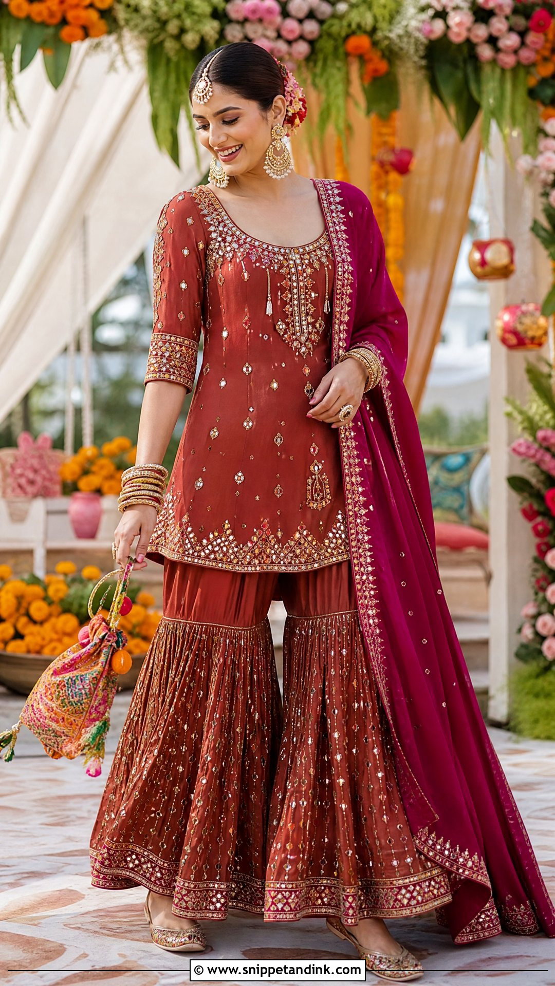 Rust Mirror Work Bridal Sharara Suit - Snippet and Ink - 20 Bridal Sharara Suit Ideas