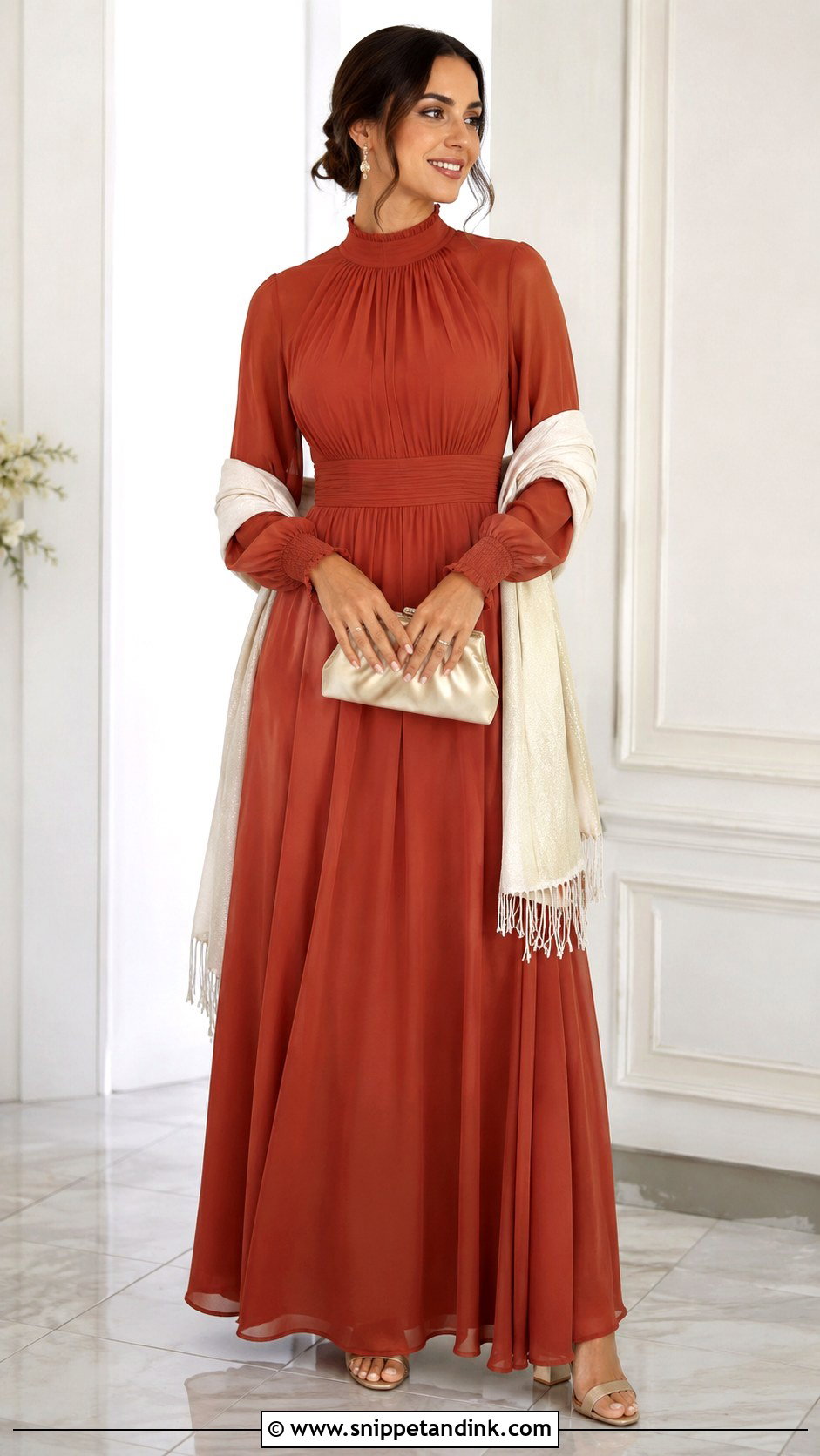 Rust Modest Maxi Dress With Champagne Accessories - Snippet and Ink - 20 Rust Dress Outfit Wedding Ideas