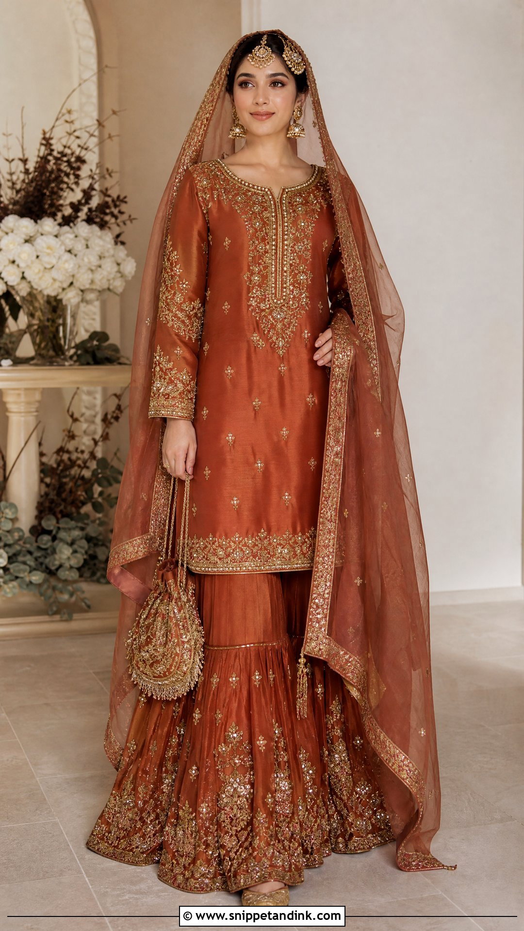 Rust Nikkah Sharara With Bronze Embroidery - Snippet and Ink - 20 Nikkah Sharara Ideas