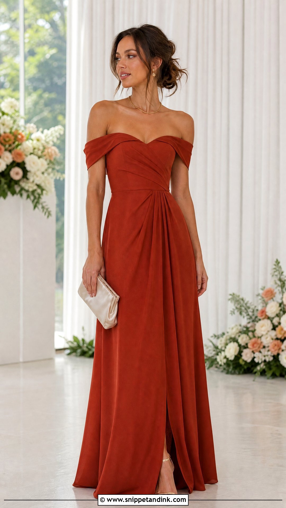 Rust Off the Shoulder Wedding Dress - Snippet and Ink - 20 Rust Wedding Dress Ideas