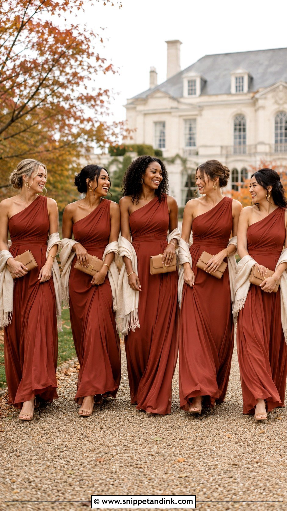 Rust One Shoulder Bridal Party Attire - Snippet and Ink - 20 Fall Bridal Party Attire Ideas