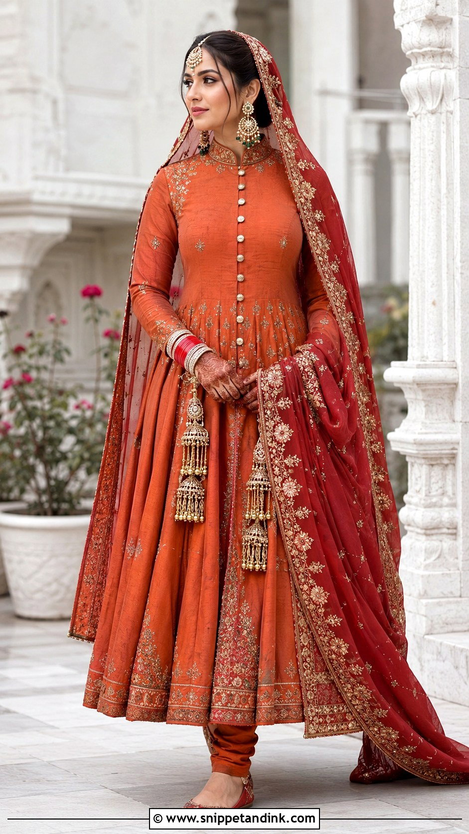 Rust Orange Achkan Anarkali For Anand Karaj Bride - Snippet and Ink - 20 Anand Karaj Suit Bride Ideas