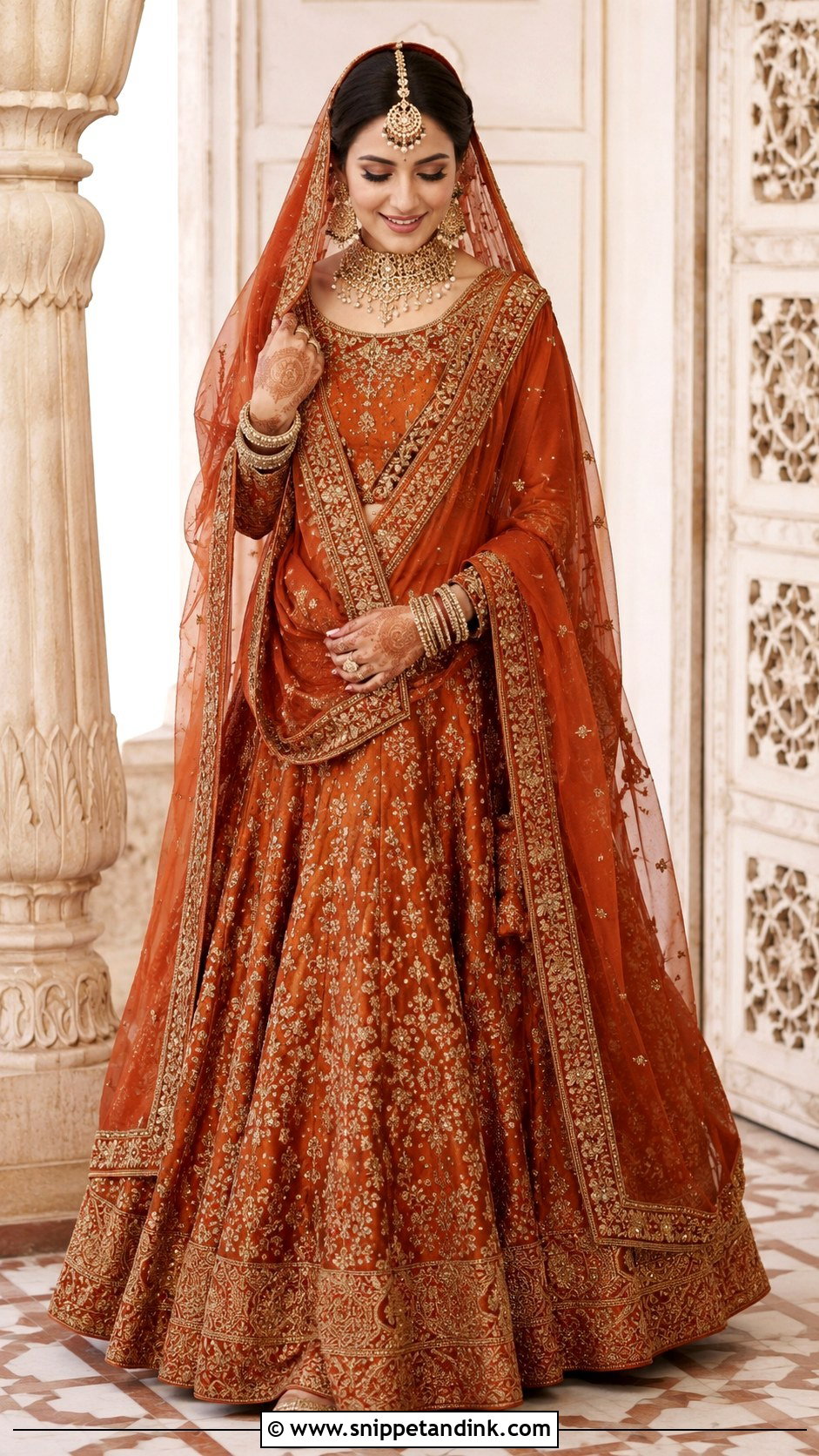 Rust Orange Bridal Lehenga With Gold Work - Snippet and Ink - 30 Indian Muslim Bridal Dress Ideas