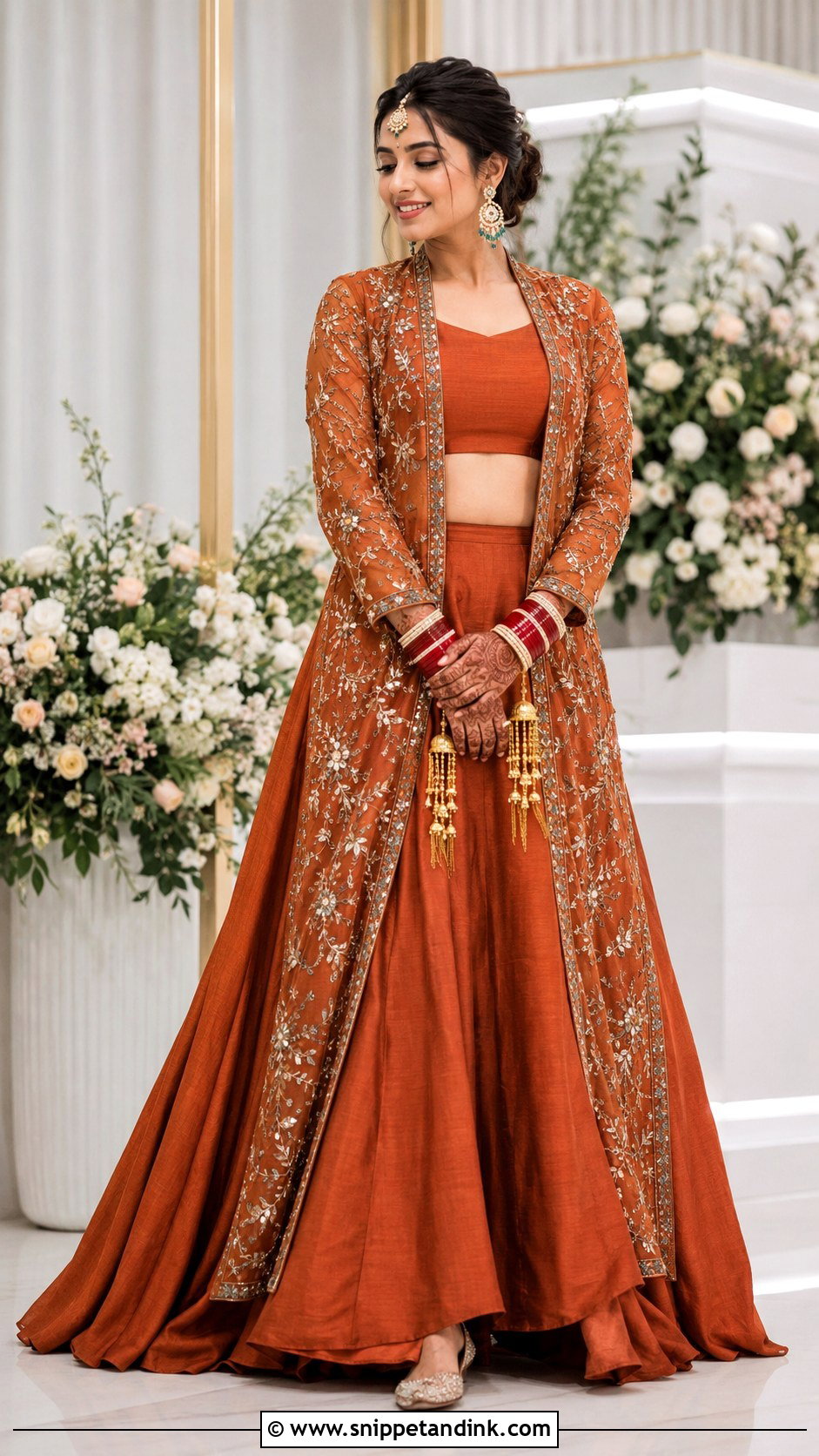 Rust Orange Jacket Lehenga Chooda Ceremony Outfit - Snippet and Ink - 20 Chooda Ceremony Outfit Ideas