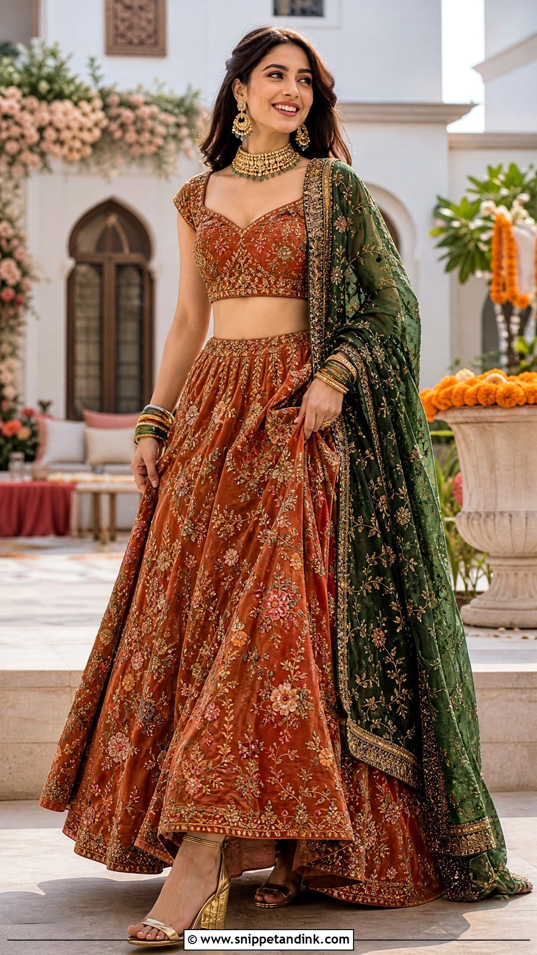 Rust Orange Sangeet Lehenga Choli - Snippet and Ink - 20 Pakistani Bridal Sangeet Outfit Ideas