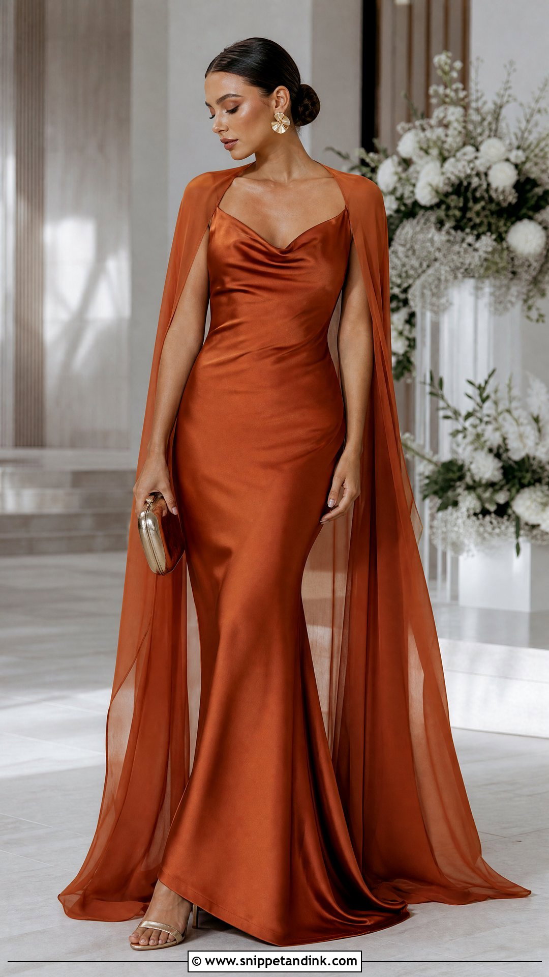 Rust Orange Satin Bridal Gown With Gold Heels - Snippet and Ink - 20 Orange Bridal Dress Ideas