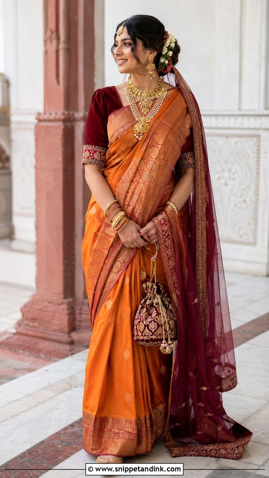 Rust Orange Silk Saree Bridal Look - Snippet and Ink - 20 Kashmiri Pandit Bride Ideas