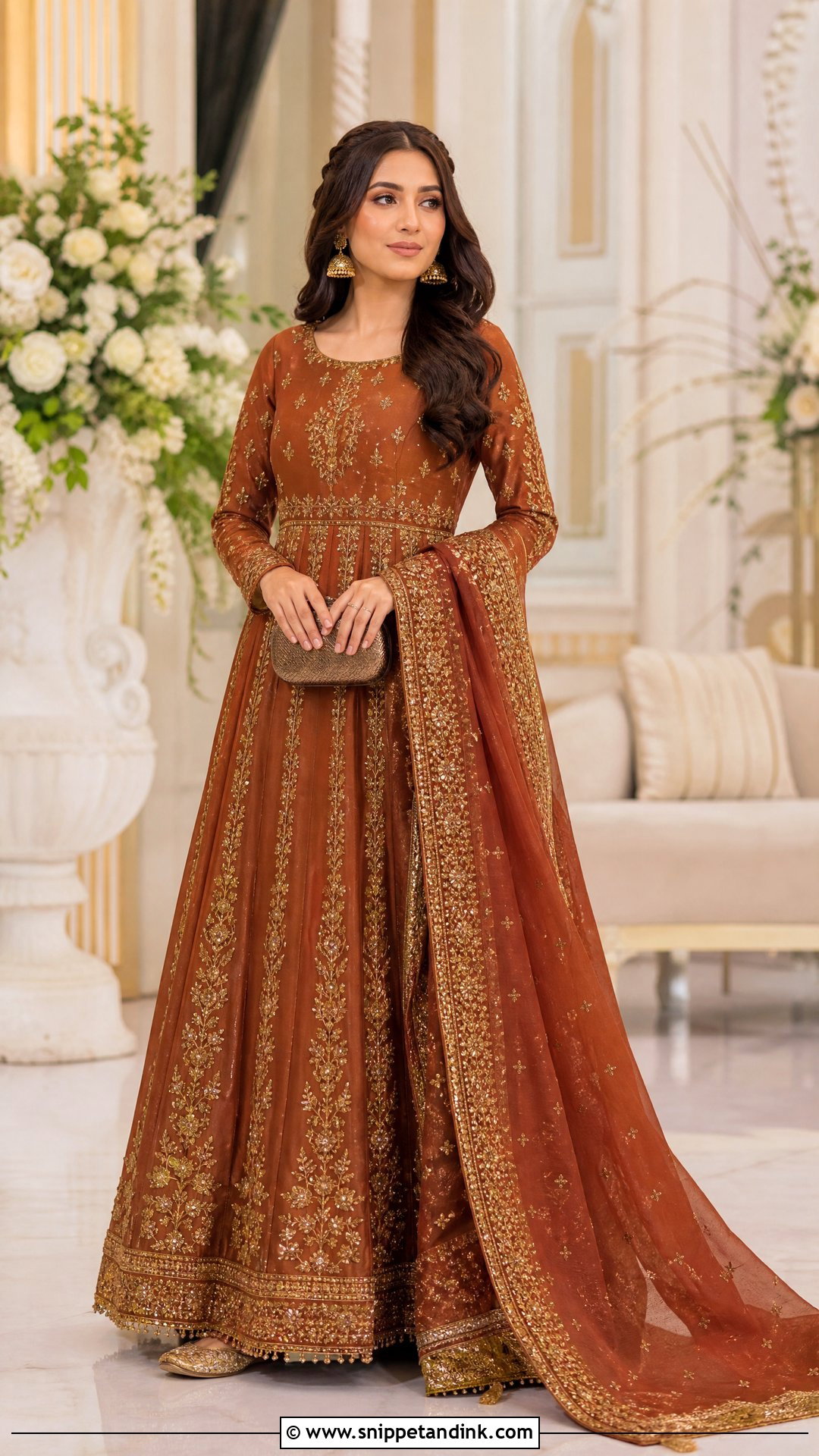 Rust Pakistani Maxi With Antique Gold Work - Snippet and Ink - 20 Pakistani Maxi Designs for Wedding