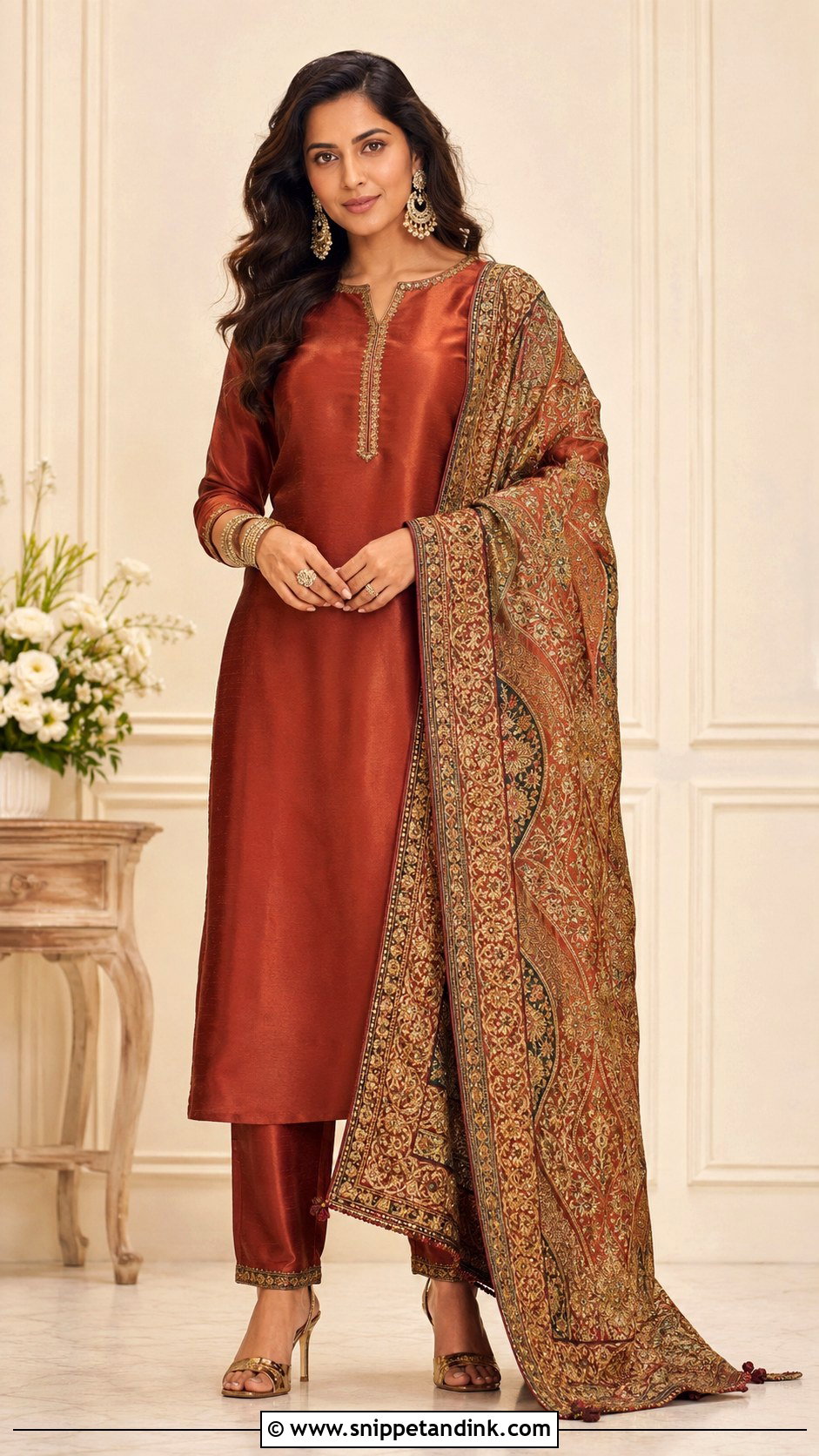 Rust Plain Suit With Heavy Embroidered Dupatta - Snippet and Ink - 30 Plain Suit with Heavy Dupatta Ideas