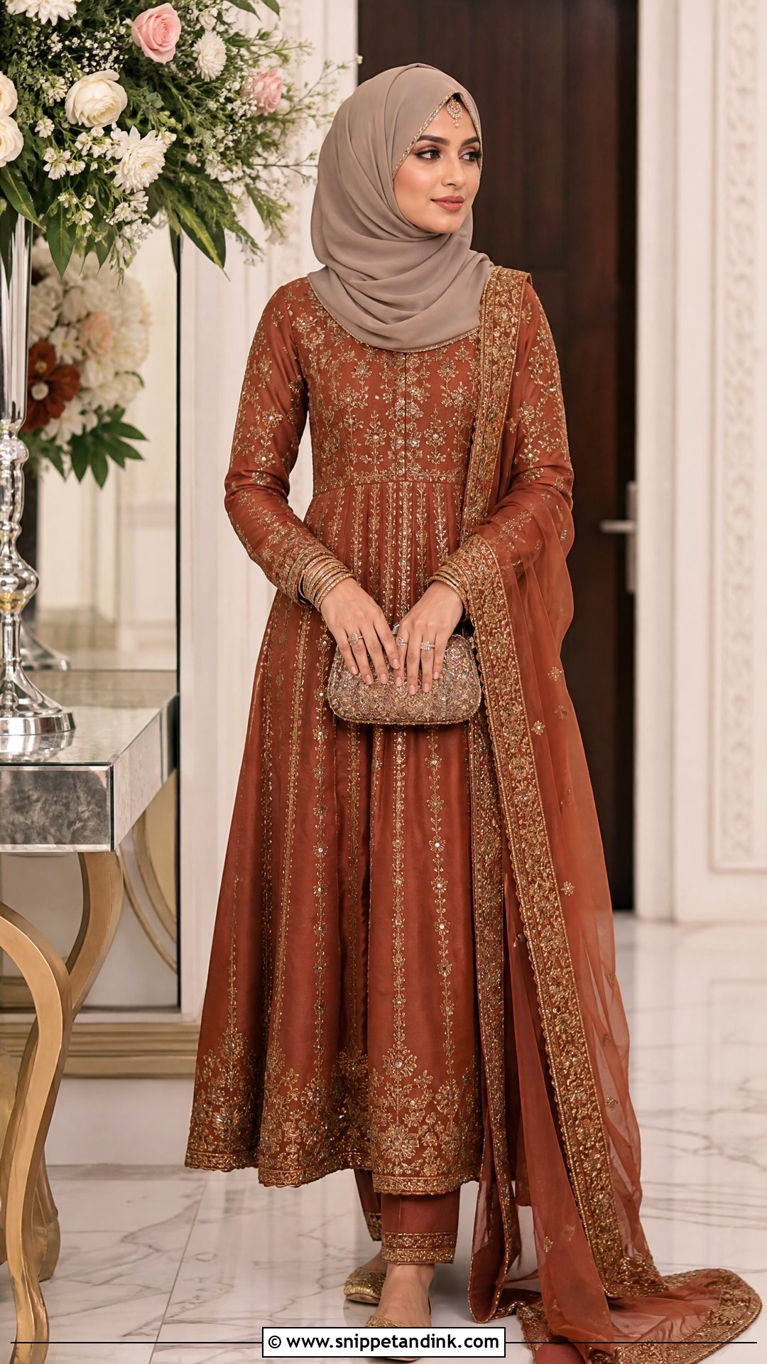 Rust Red Frock With Neutral Hijab - Snippet and Ink - 20 Pakistani Hijab for Wedding Party Ideas