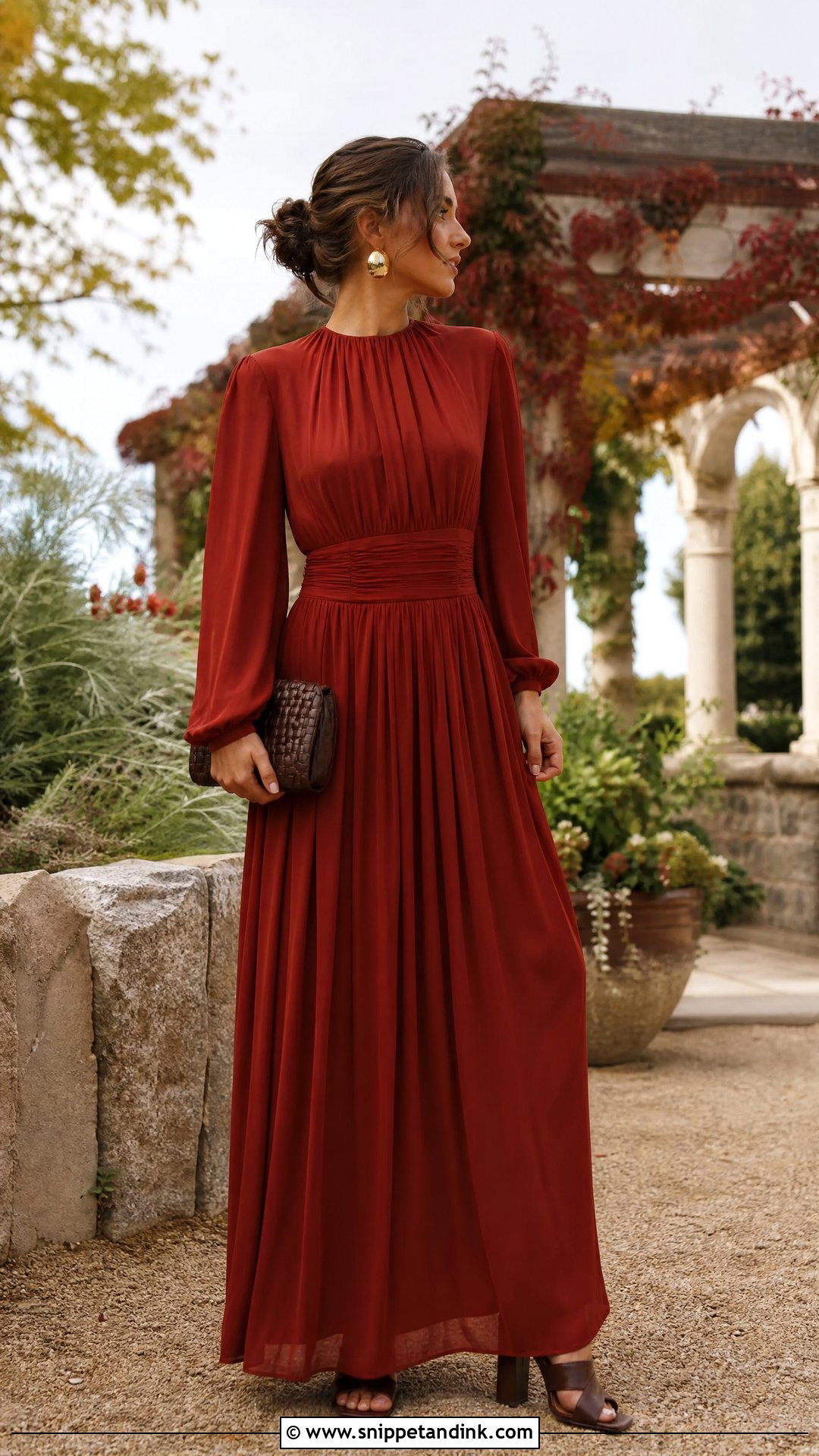 Rust Red Long Sleeve Maxi Dress for Wedding - Snippet and Ink - 25 Red Dress for Wedding Ideas