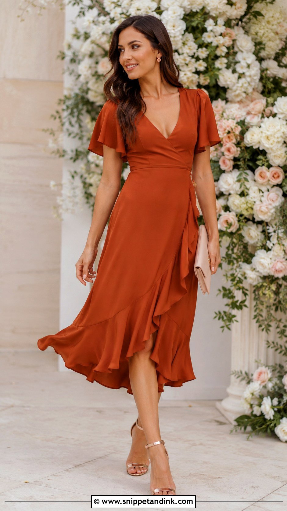 Rust Ruffle Dress With Rose Gold Heels - Snippet and Ink - 20 Rust Dress Outfit Wedding Ideas