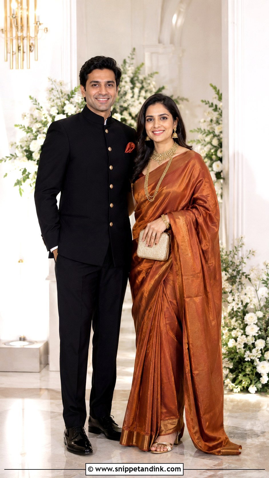 Rust Saree And Black Bandhgala Wedding Outfit - Snippet and Ink - 25 Couple Contrast Outfits for Wedding