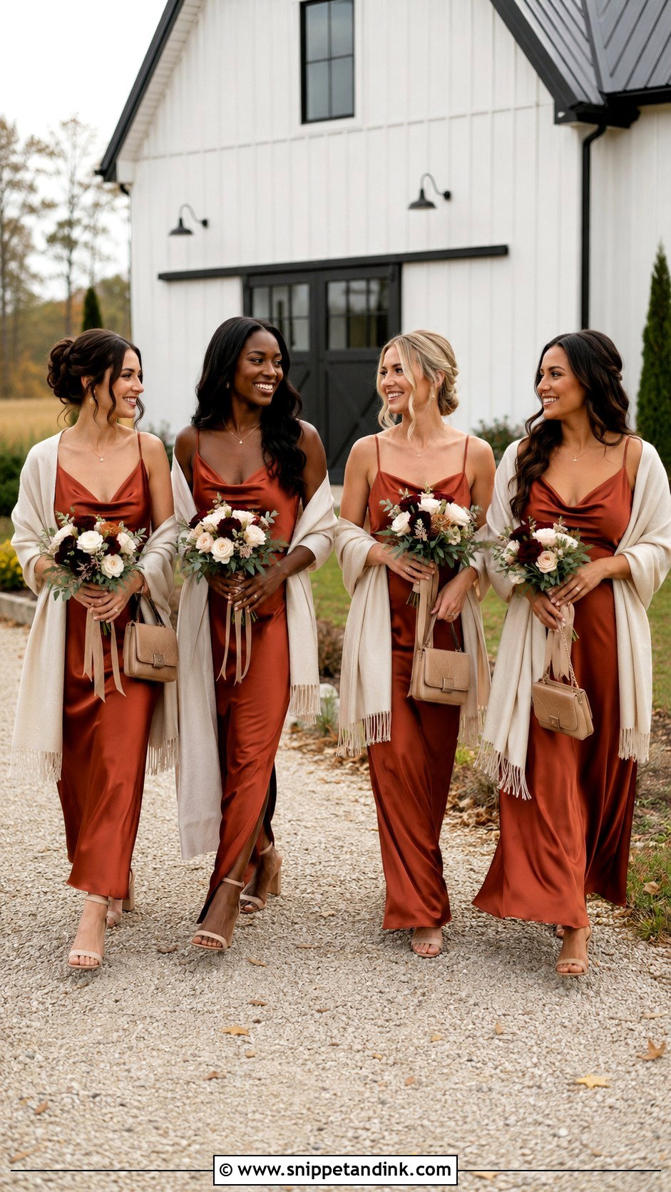 Rust Satin Fall Bridal Party Dresses - Snippet and Ink - 20 Fall Bridal Party Ideas
