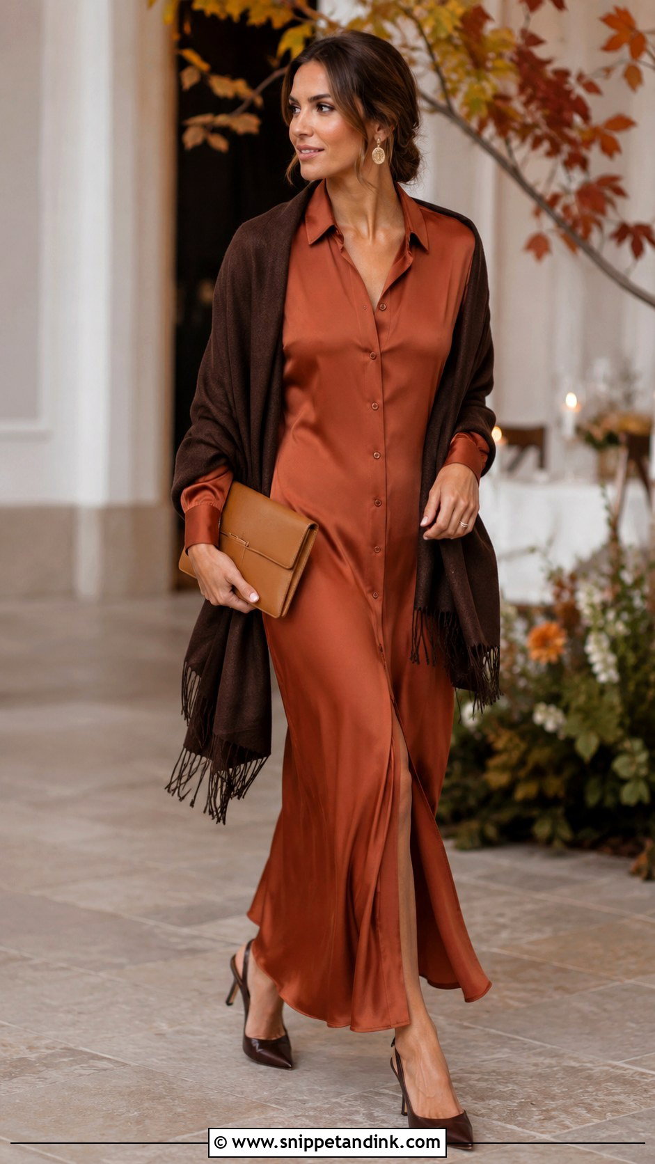 Rust Satin Long Shirt Dress With Brown Heels - Snippet and Ink - 20 Long Shirt Dress for Wedding Ideas