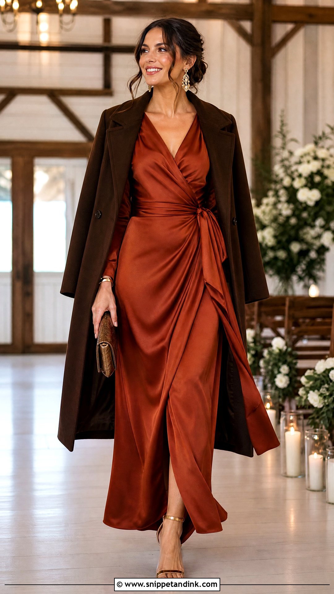 Rust Satin Maxi Winter Wedding Outfit - Snippet and Ink - 20 Winter Outfits for Wedding